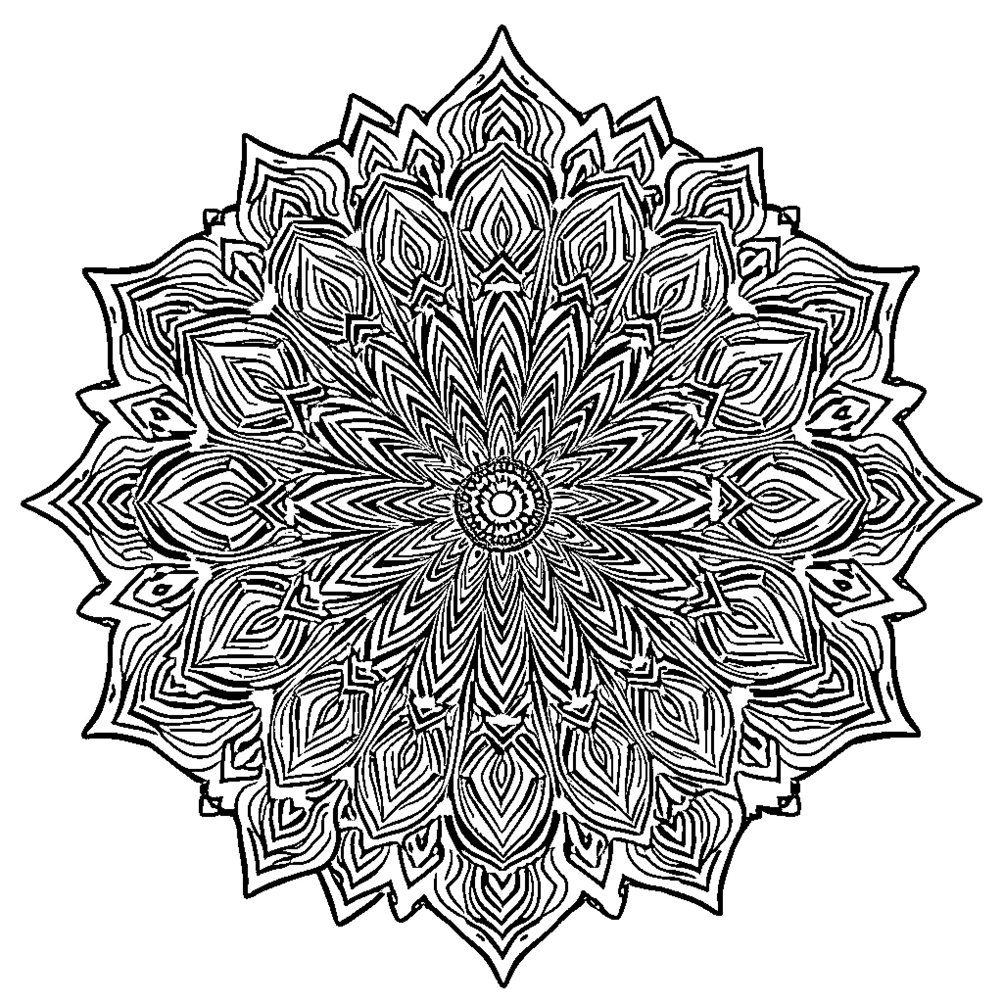 Mandala of intricate floral patterns Coloring Page (free black-and-white line drawing printable PDF for all, from beginners to advanced learners, including children, teens, adults, and seniors)