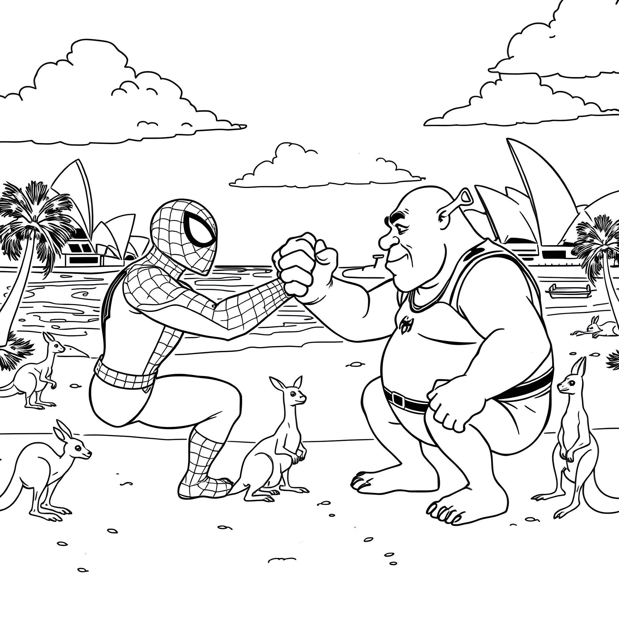 Spiderman meets friendly beachgoers in coastal setting Coloring Page (free black-and-white line drawing printable PDF for all, from beginners to advanced learners, including children, teens, adults, and seniors)