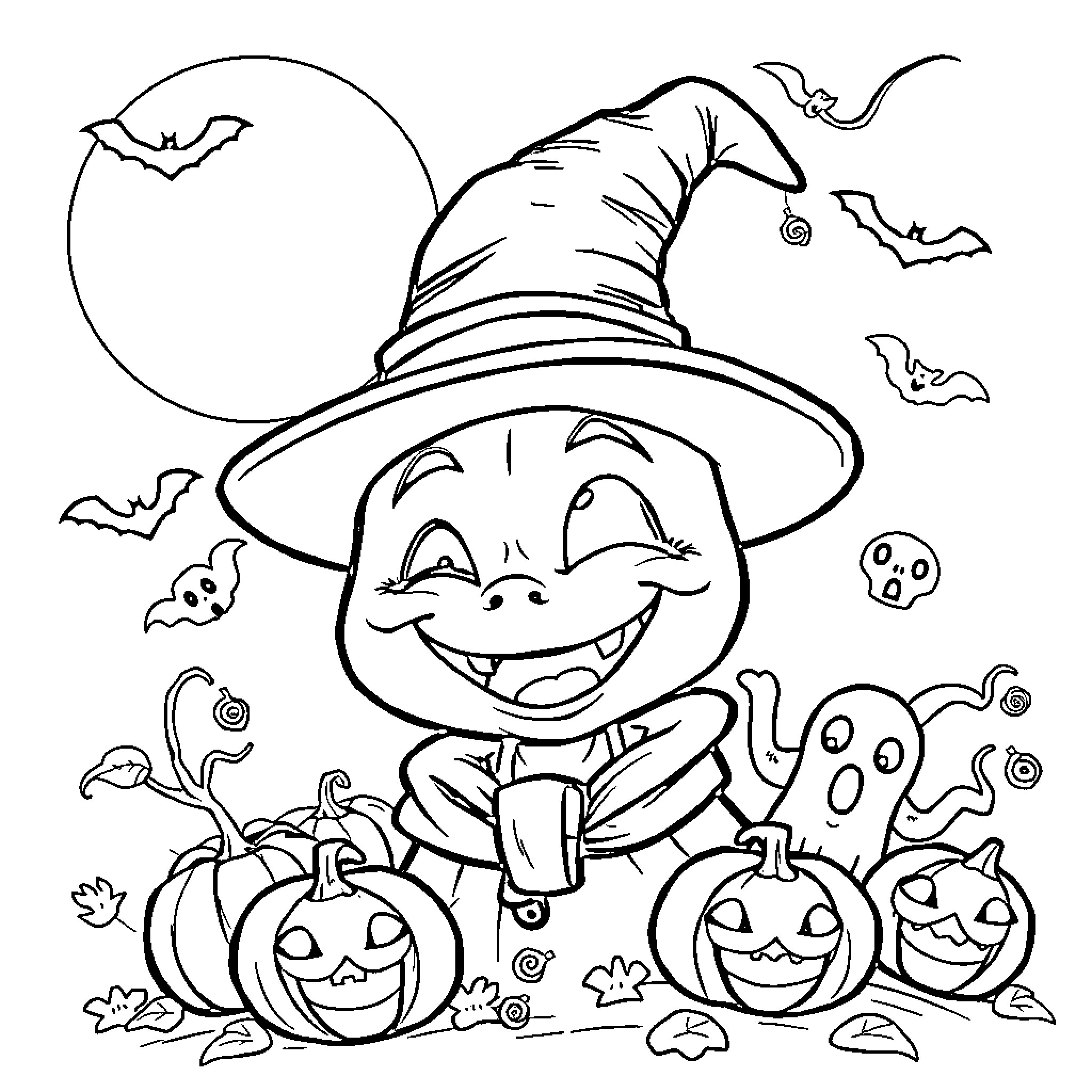 Sorcier's Spooky Halloween Celebration Coloring Page (free black-and-white line drawing printable PDF for all, from beginners to advanced learners, including children, teens, adults, and seniors)
