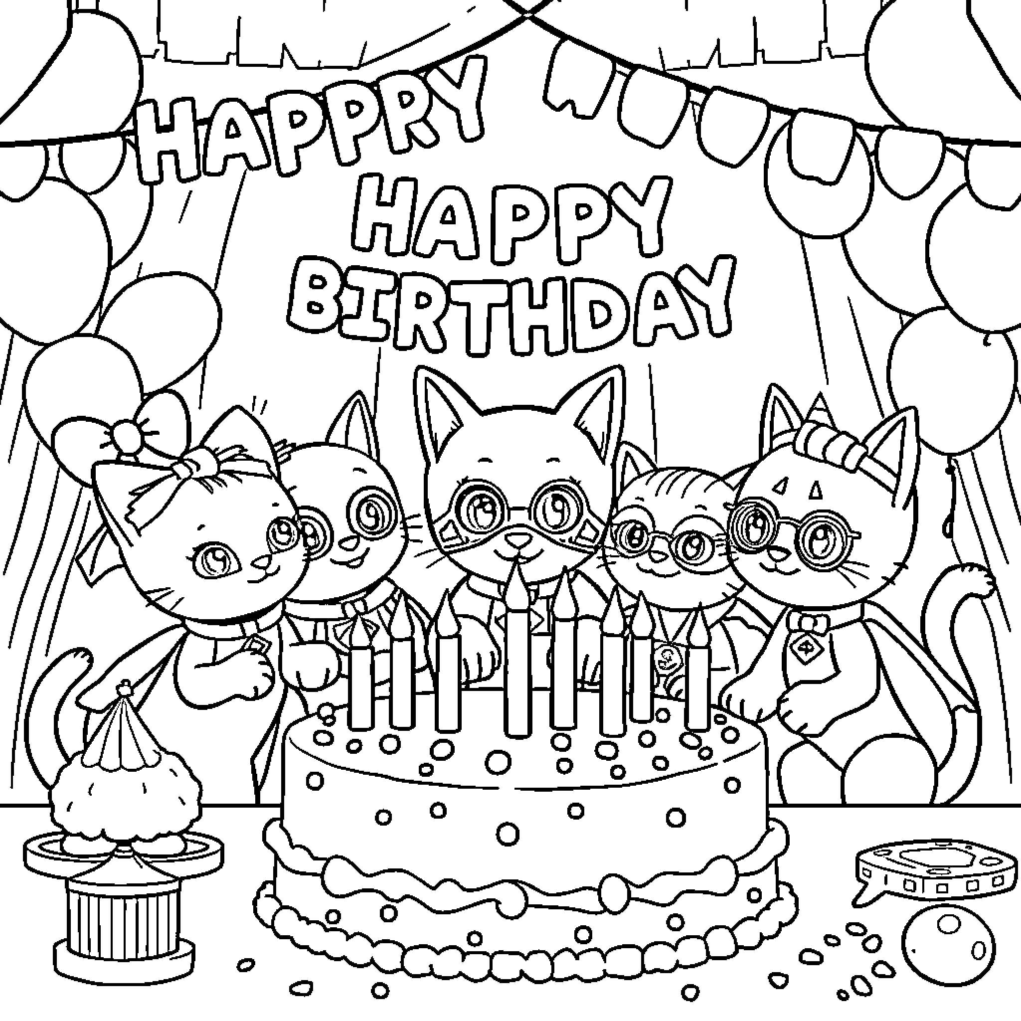 Superkitties celebrate a Happy Birthday Coloring Page (free black-and-white line drawing printable PDF for all, from beginners to advanced learners, including children, teens, adults, and seniors)