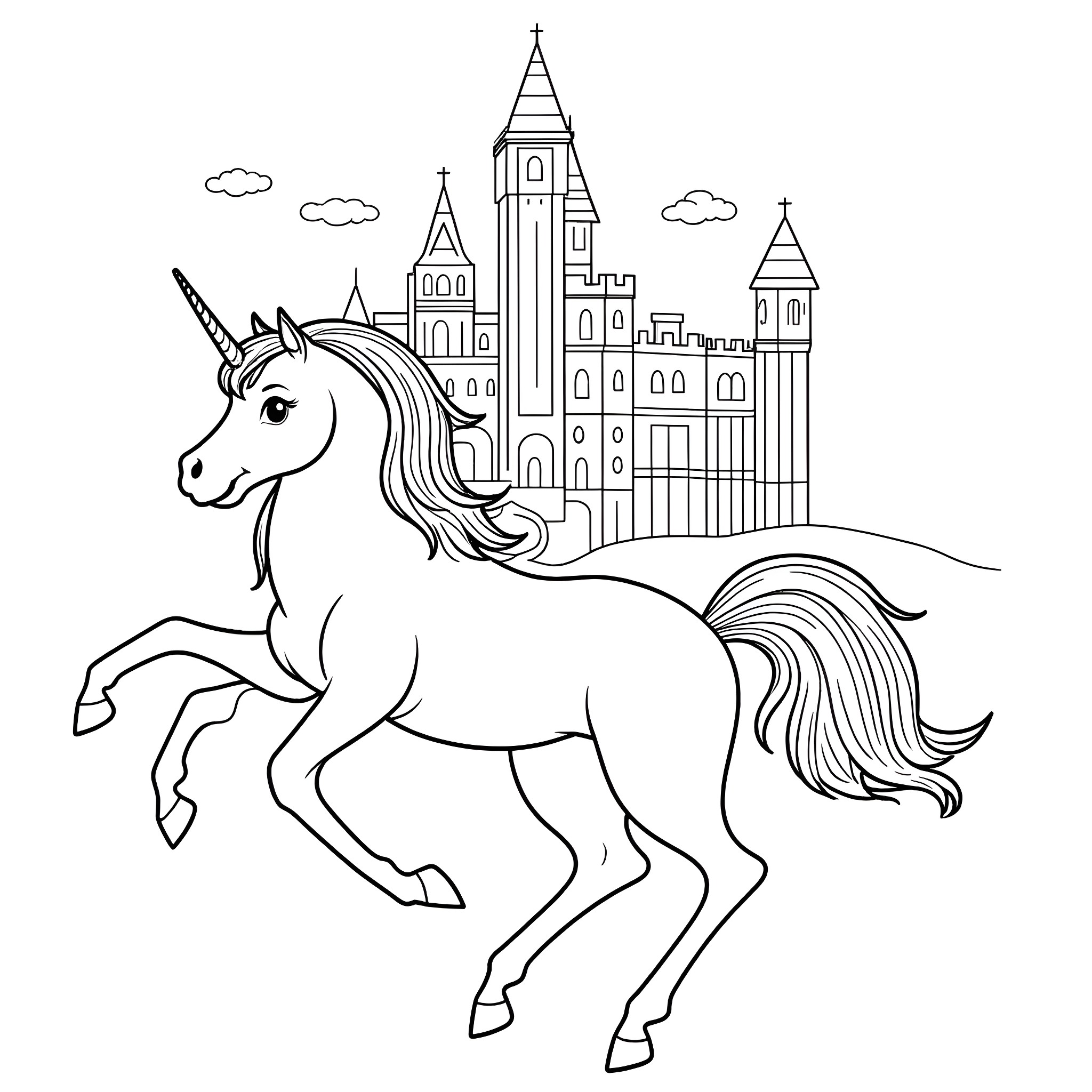 Unicorn galloping towards enchanting castle Coloring Page (free black-and-white line drawing printable PDF for all, from beginners to advanced learners, including children, teens, adults, and seniors)