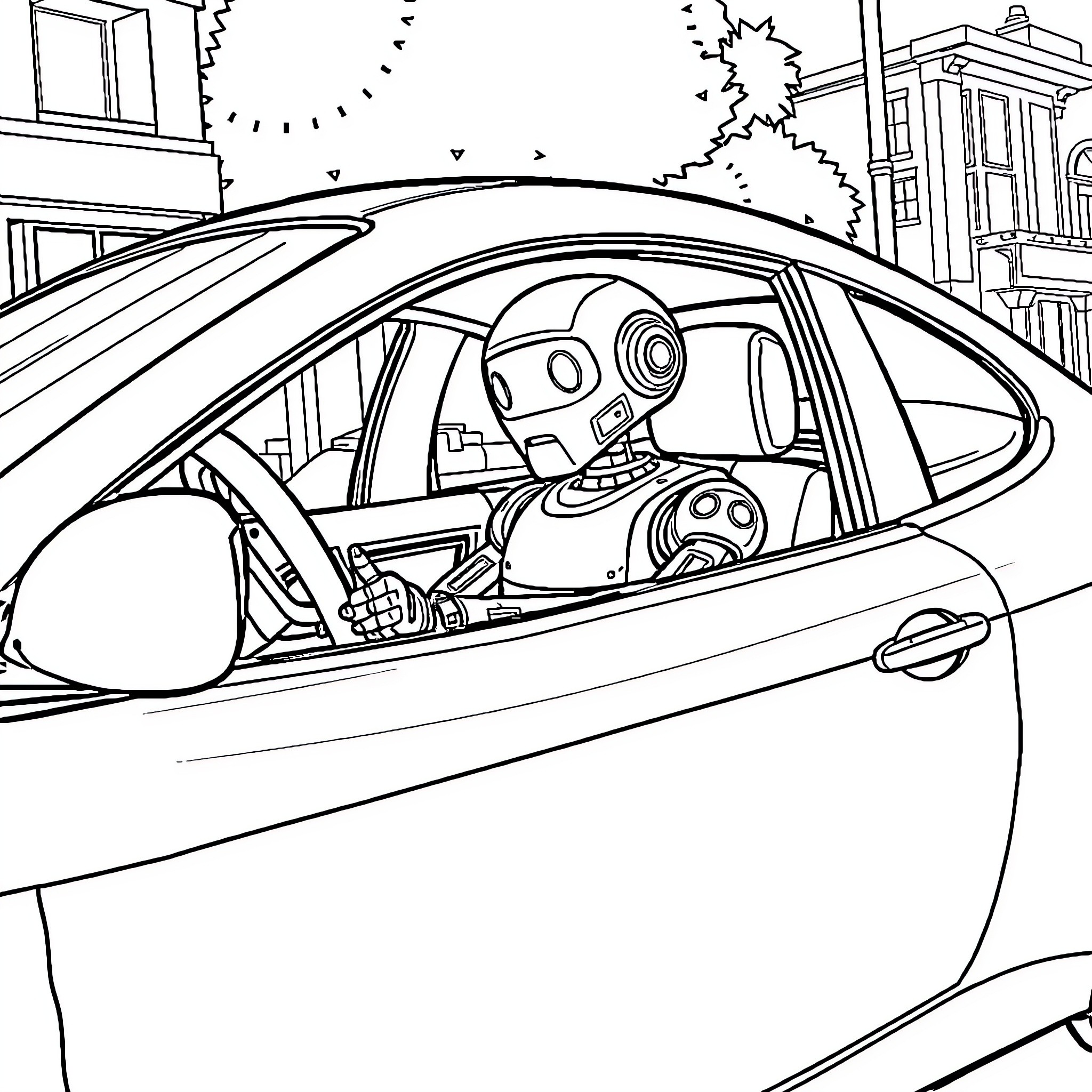 Robot driving a car in the city Coloring Page (free black-and-white line drawing printable PDF for all, from beginners to advanced learners, including children, teens, adults, and seniors)