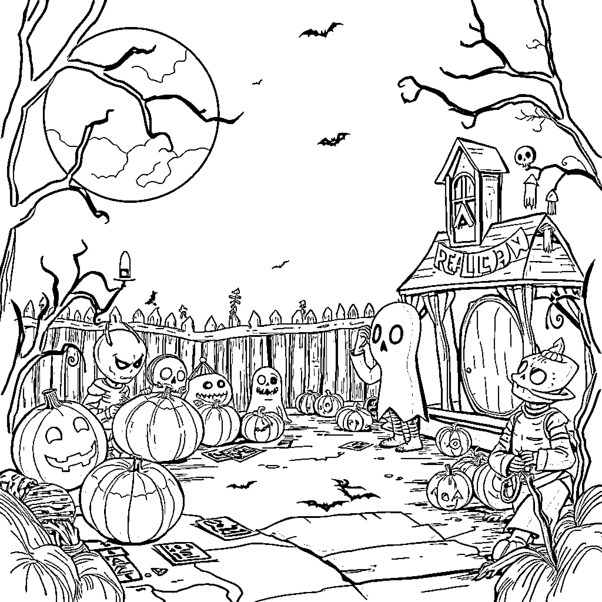 Emo Halloween Scene with Spooky House and Pumpkins Coloring Page (free black-and-white line drawing printable PDF for all, from beginners to advanced learners, including children, teens, adults, and seniors)