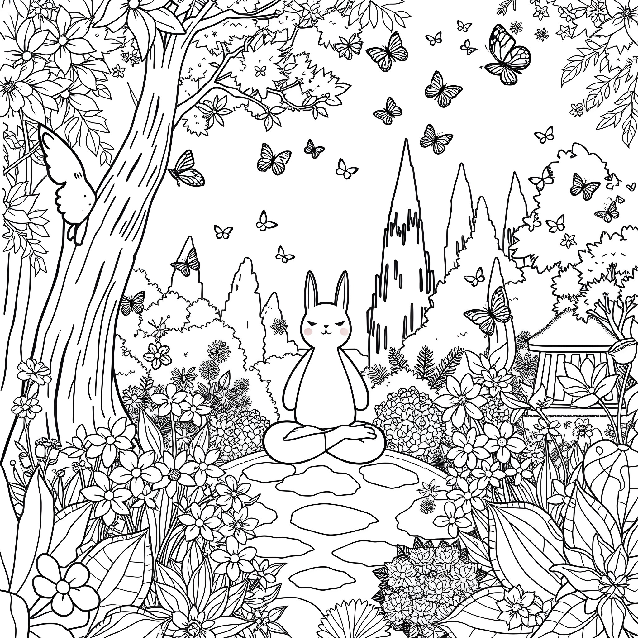 Belcebuth's Peaceful Woodland Retreat Coloring Page (free black-and-white line drawing printable PDF for all, from beginners to advanced learners, including children, teens, adults, and seniors)