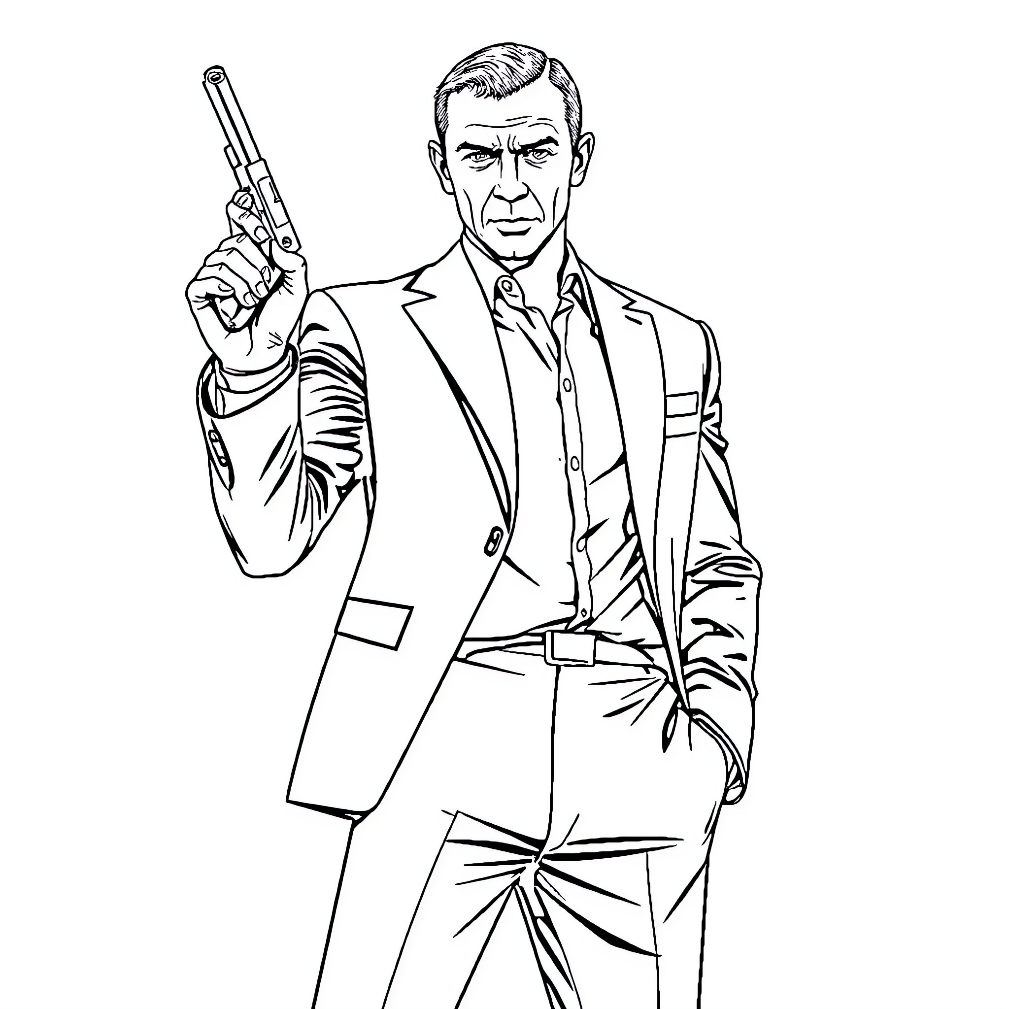 James Bond - Elegant Spy with Handgun in Action Coloring Page (free black-and-white line drawing printable PDF for all, from beginners to advanced learners, including children, teens, adults, and seniors)