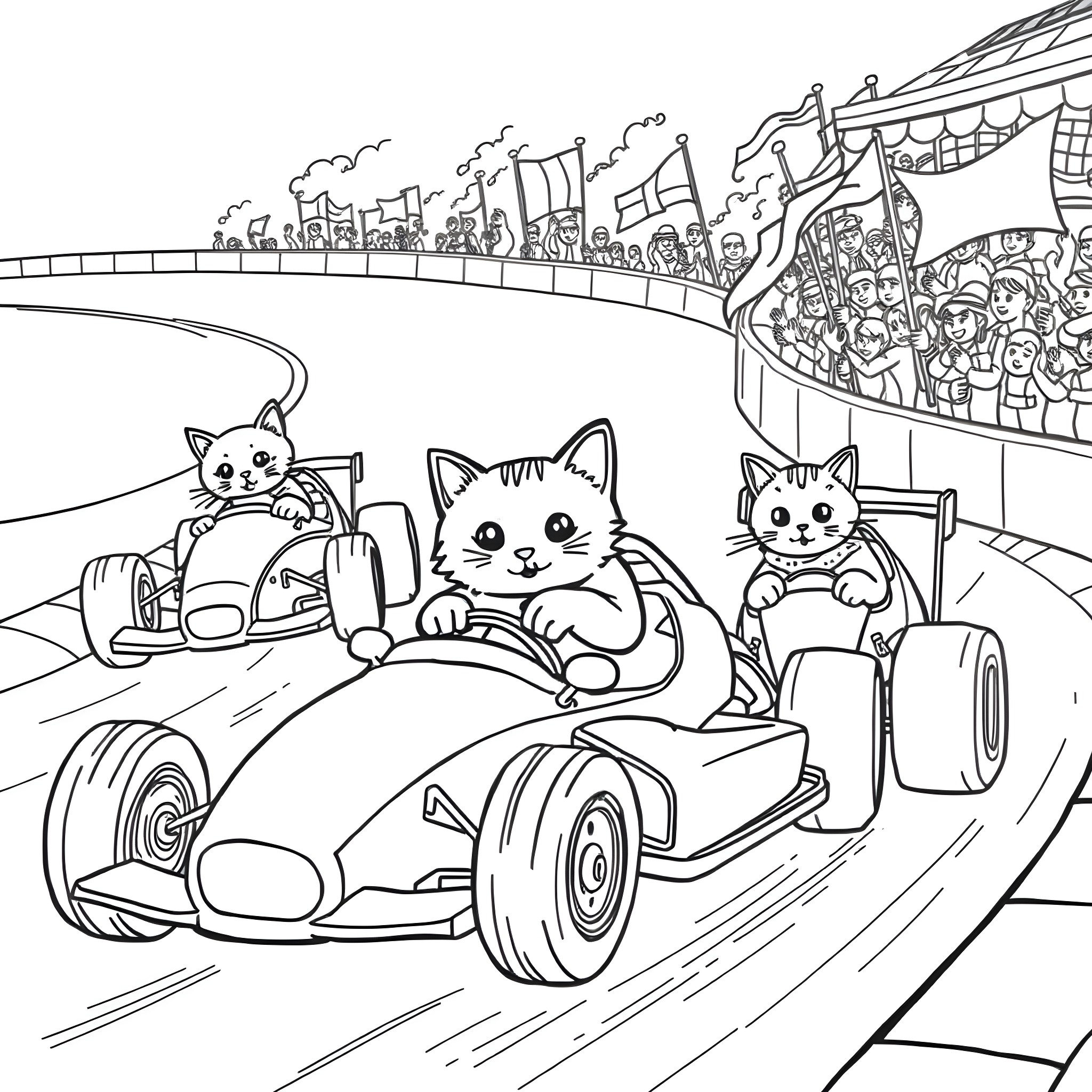 Cats racing in karts at a carnival Coloring Page (free black-and-white line drawing printable PDF for all, from beginners to advanced learners, including children, teens, adults, and seniors)