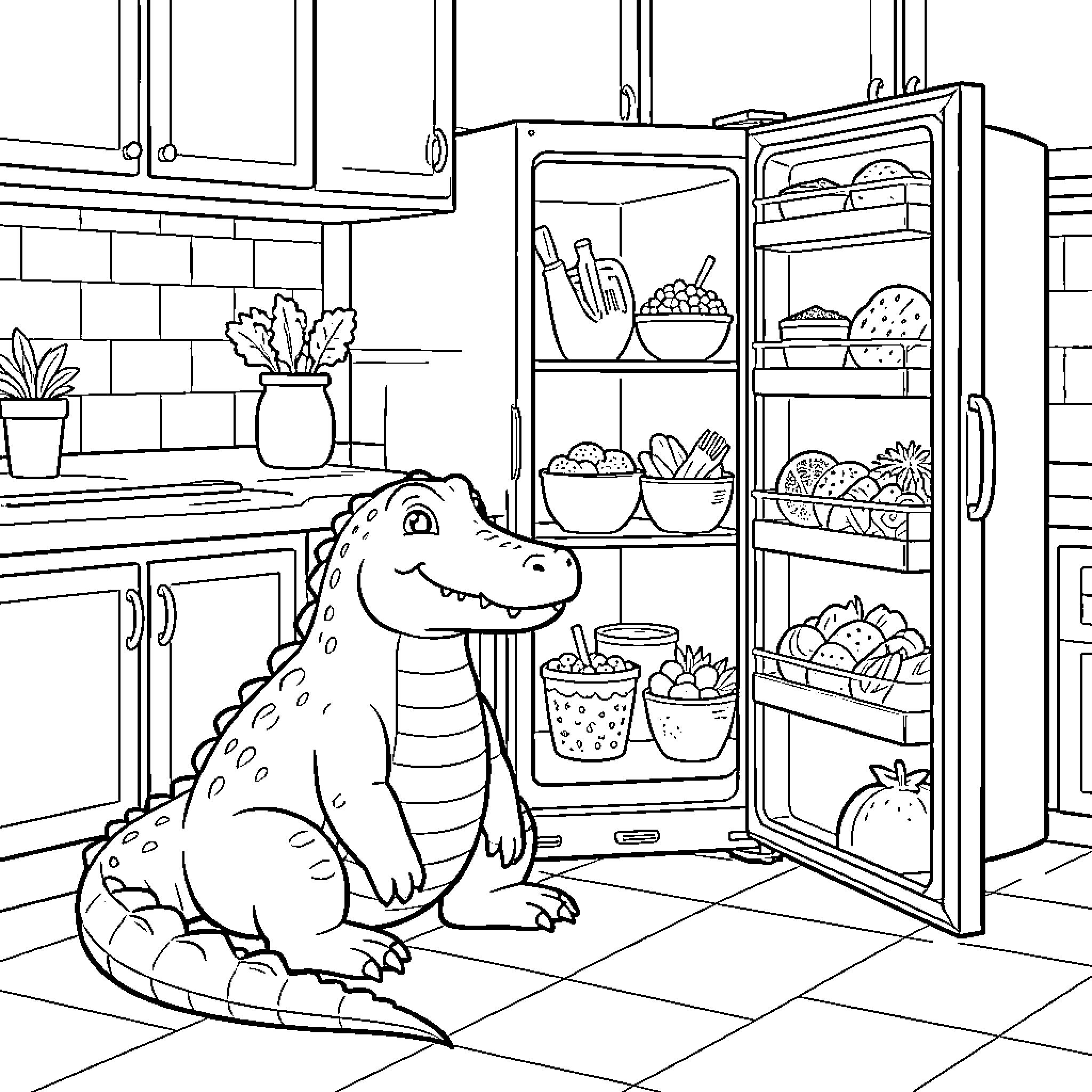 Crocodile exploring the kitchen pantry Coloring Page (free black-and-white line drawing printable PDF for all, from beginners to advanced learners, including children, teens, adults, and seniors)