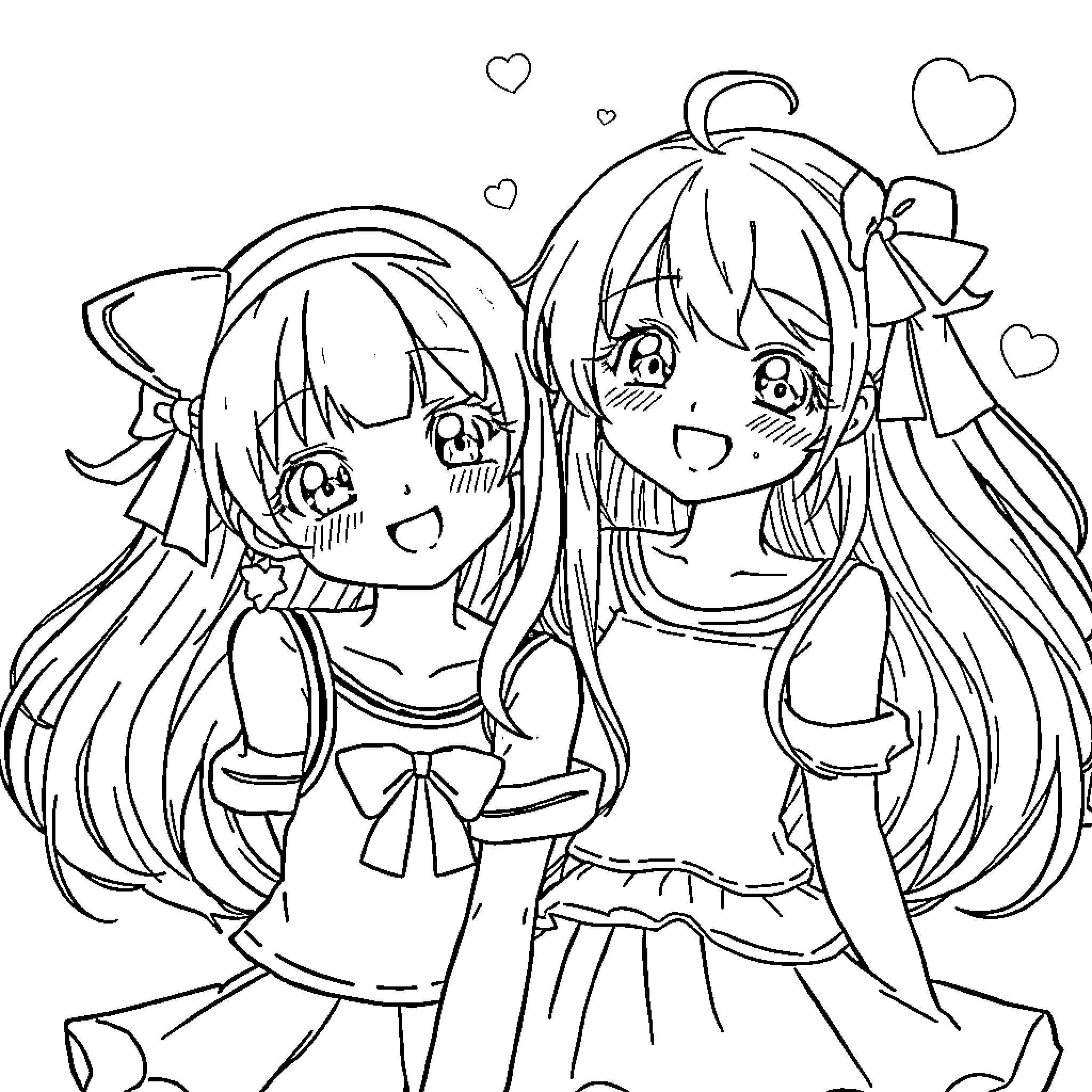 Anime Girls Sharing a Cheerful Moment Coloring Page (free black-and-white line drawing printable PDF for all, from beginners to advanced learners, including children, teens, adults, and seniors)