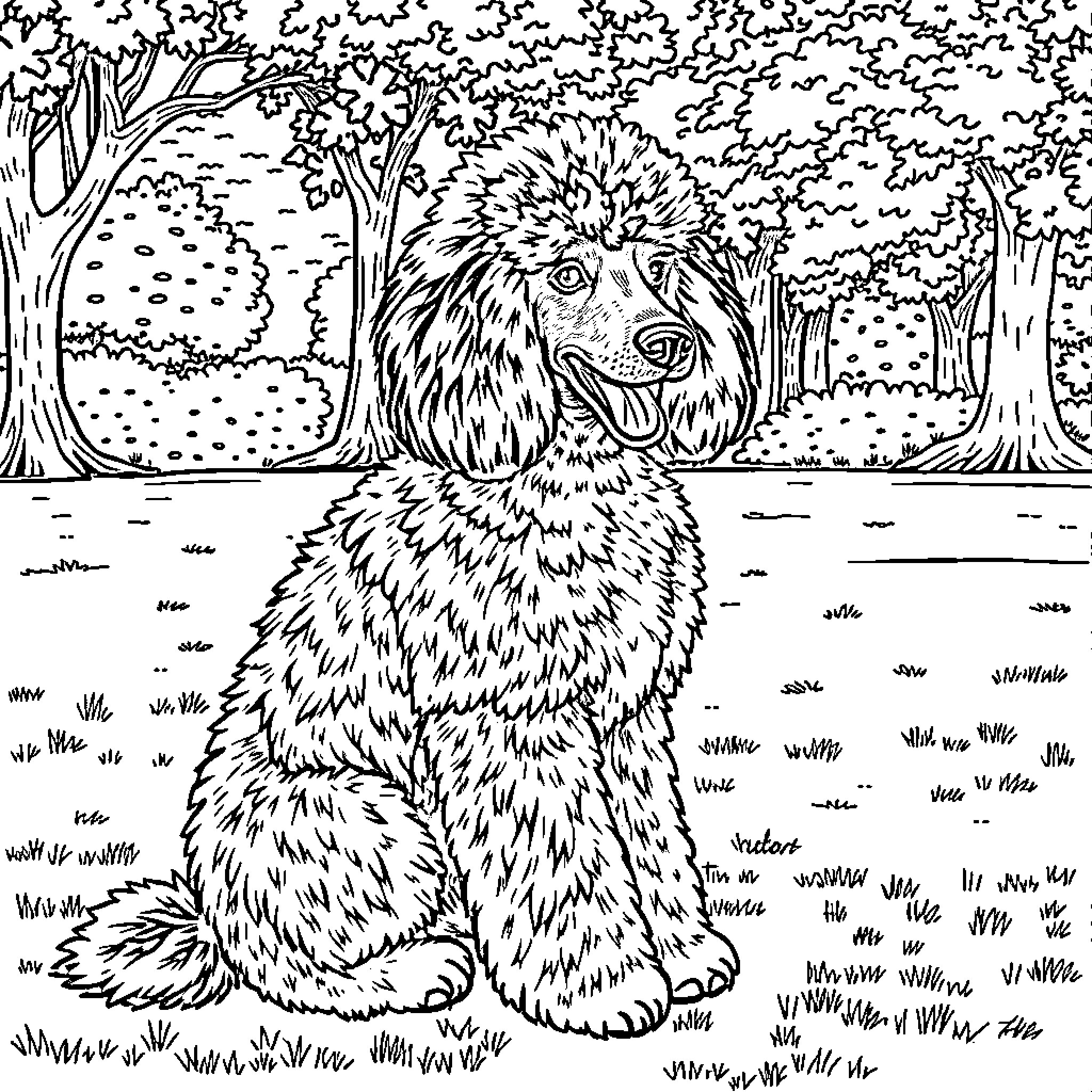 Poodle enjoying the outdoors in nature Coloring Page (free black-and-white line drawing printable PDF for all, from beginners to advanced learners, including children, teens, adults, and seniors)