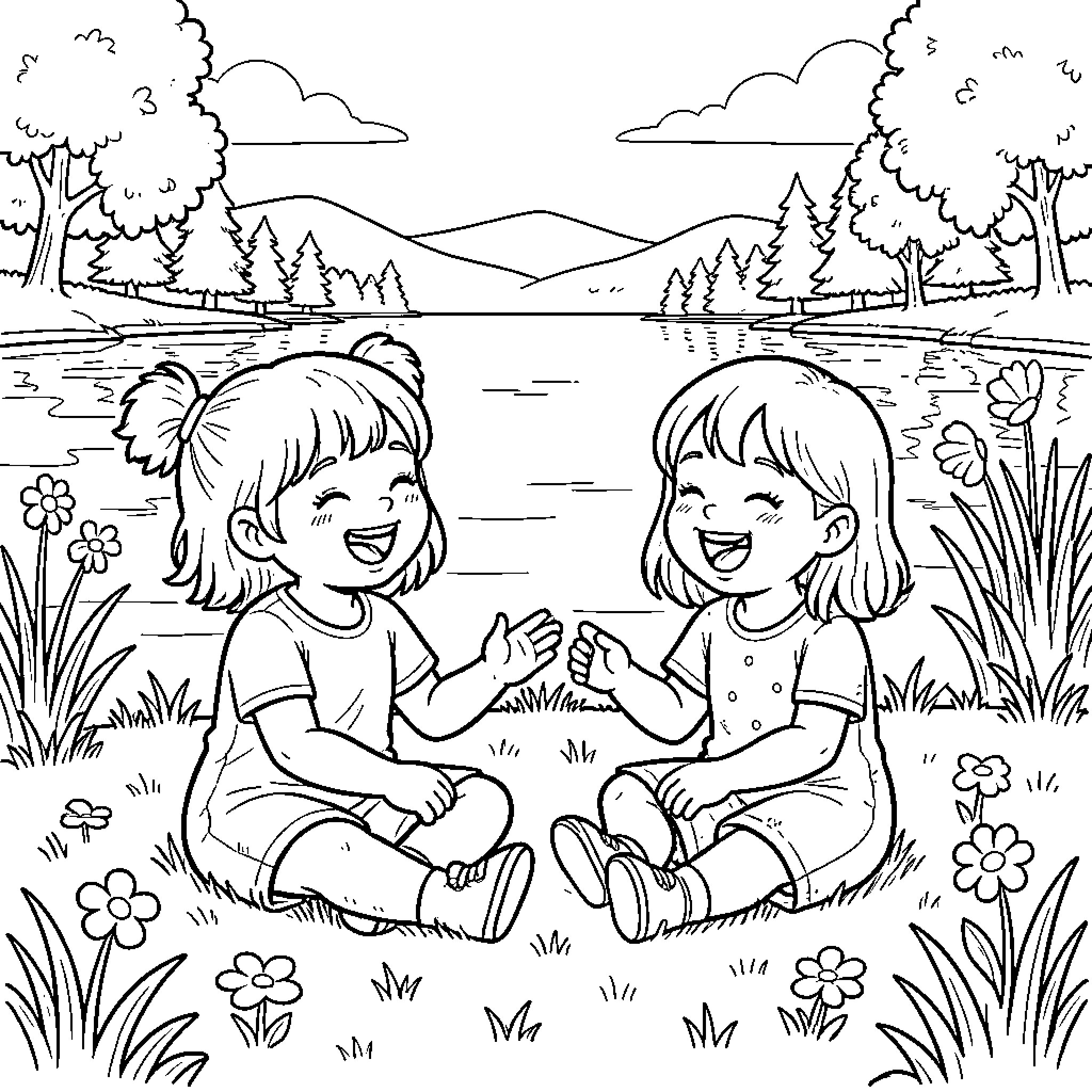 Fille laughing and playing together by the lake Coloring Page (free black-and-white line drawing printable PDF for all, from beginners to advanced learners, including children, teens, adults, and seniors)