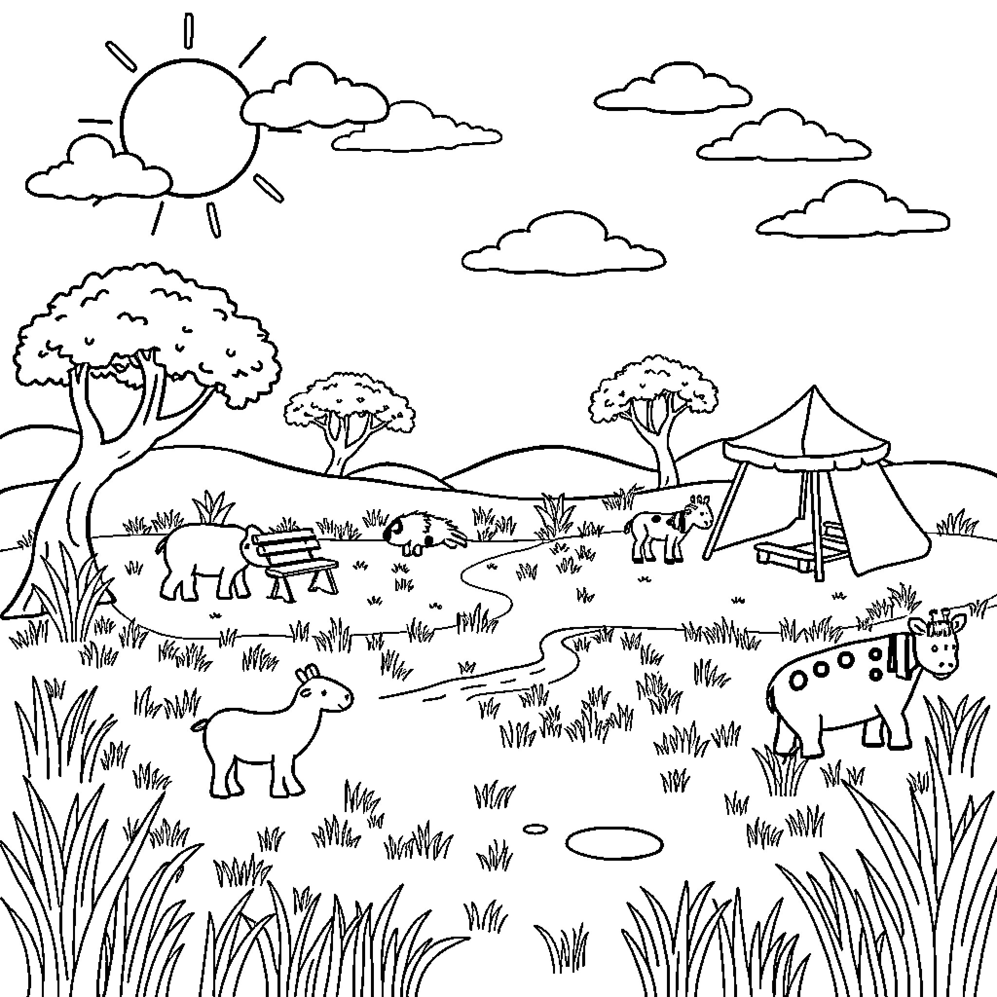 Savannah landscape with playful animals and nature Coloring Page (free black-and-white line drawing printable PDF for all, from beginners to advanced learners, including children, teens, adults, and seniors)