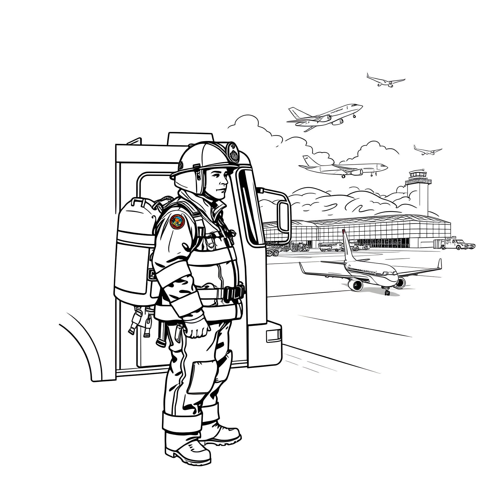 Aviation Fire Fighter Responding to Emergencies at Airport Coloring Page (free black-and-white line drawing printable PDF for all, from beginners to advanced learners, including children, teens, adults, and seniors)