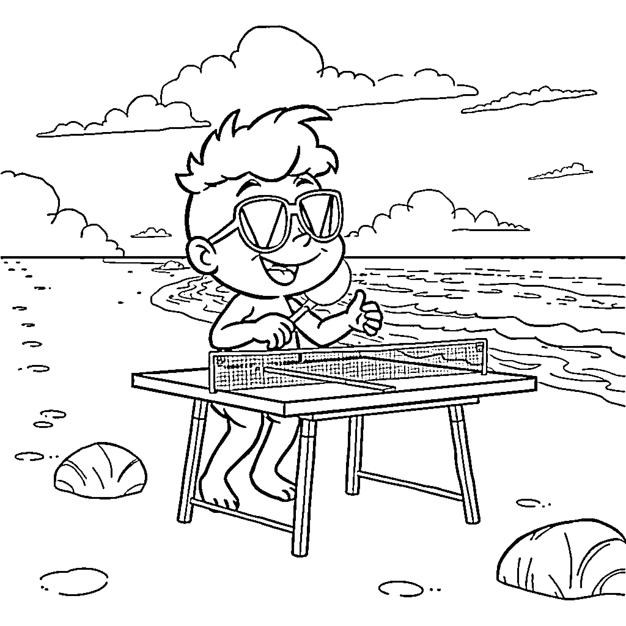 Coffeobbi enjoying a game of beach table tennis Coloring Page (free black-and-white line drawing printable PDF for all, from beginners to advanced learners, including children, teens, adults, and seniors)