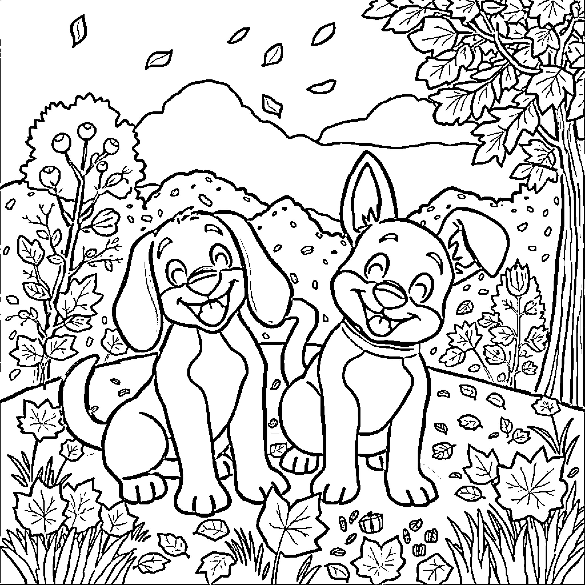 Bluey's Joyful Adventure in the Autumn Garden Coloring Page (free black-and-white line drawing printable PDF for all, from beginners to advanced learners, including children, teens, adults, and seniors)