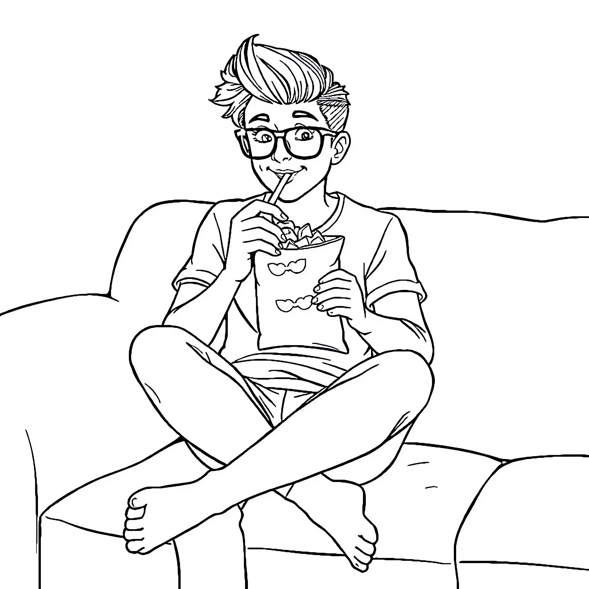 Casey Bloomfield enjoying a snack while relaxing Coloring Page (free black-and-white line drawing printable PDF for all, from beginners to advanced learners, including children, teens, adults, and seniors)