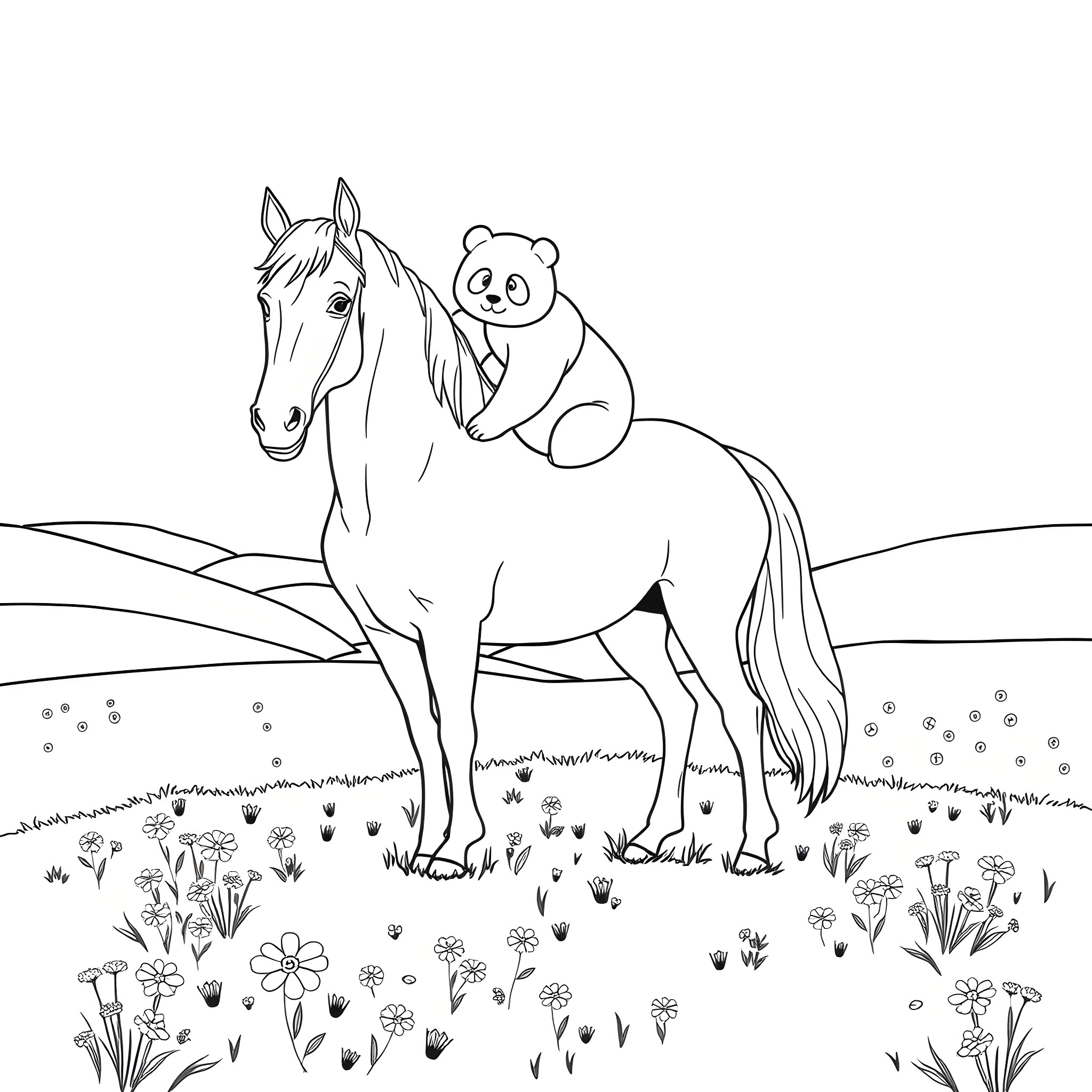 Horse with a panda riding on its back in a field of flowers Coloring Page (free black-and-white line drawing printable PDF for all, from beginners to advanced learners, including children, teens, adults, and seniors)