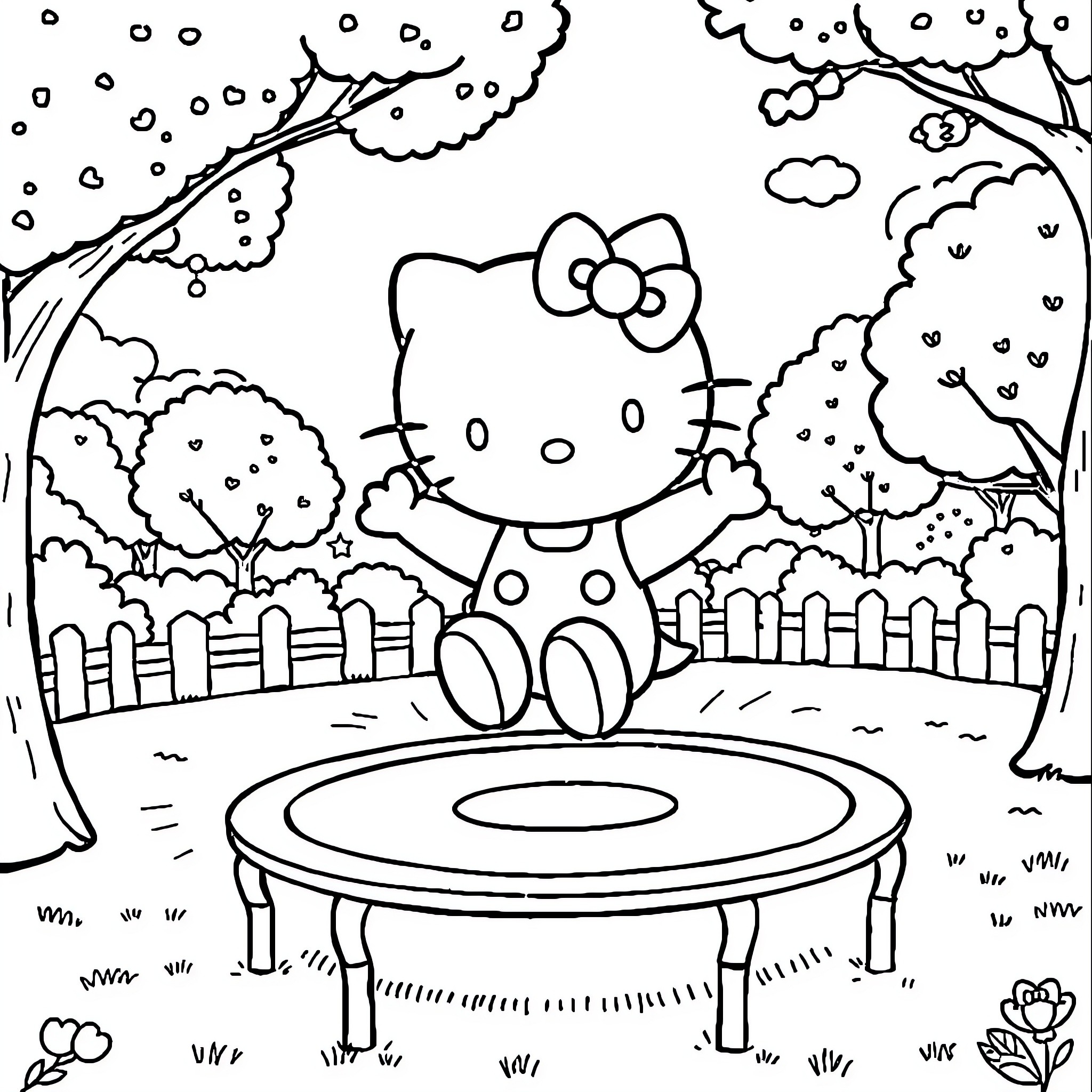 Hello Kitty playing on a trampoline in the garden Coloring Page (free black-and-white line drawing printable PDF for all, from beginners to advanced learners, including children, teens, adults, and seniors)