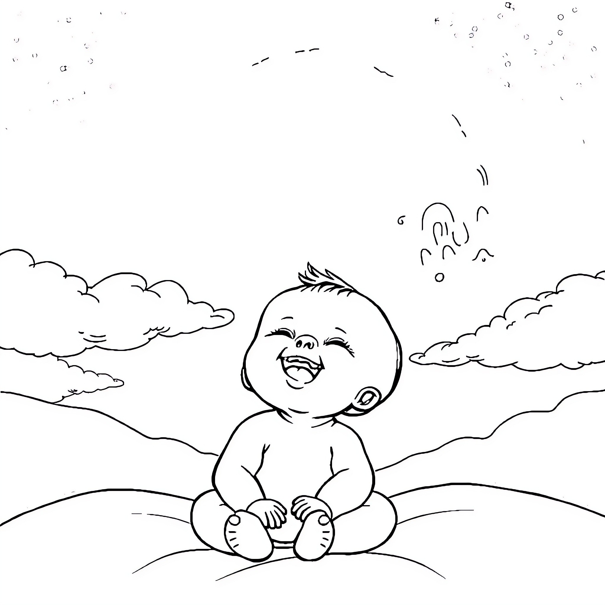 Baby playing joyfully in the countryside Coloring Page (free black-and-white line drawing printable PDF for all, from beginners to advanced learners, including children, teens, adults, and seniors)