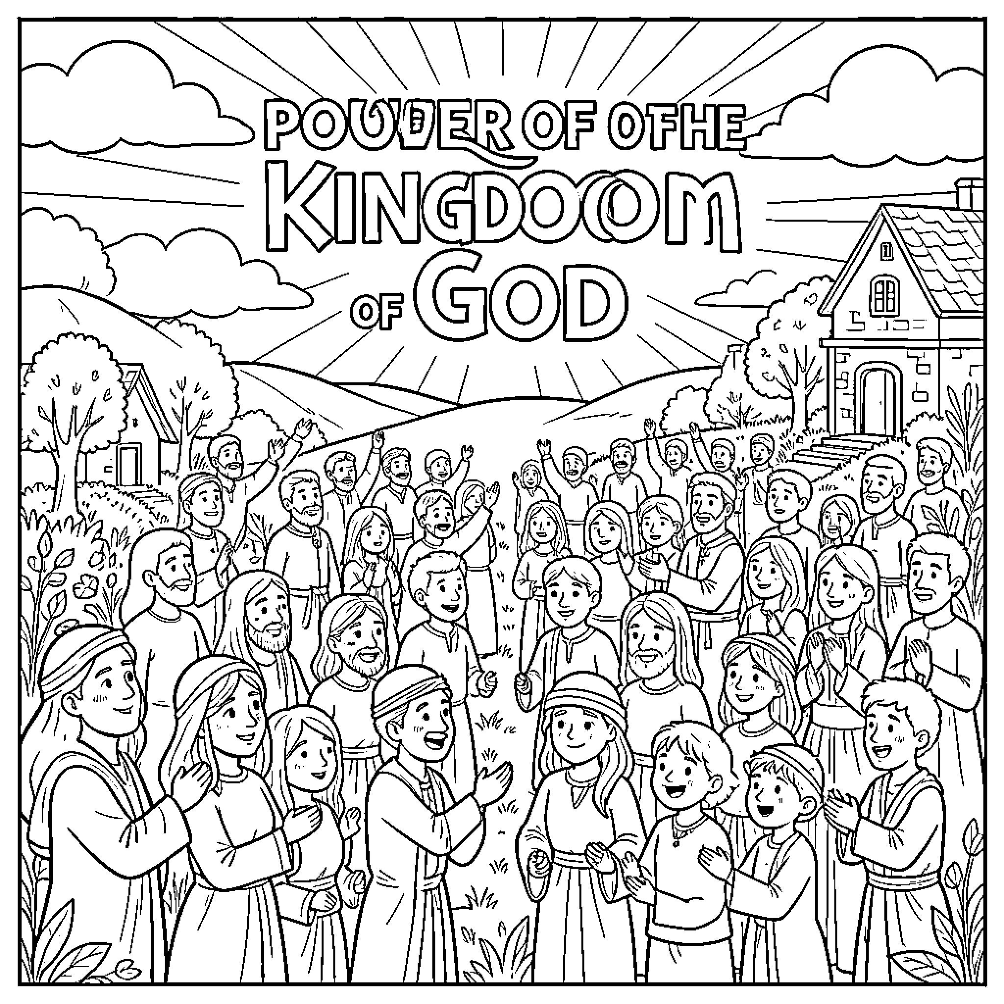 Kingdom of God with people cheering and celebrating Coloring Page (free black-and-white line drawing printable PDF for all, from beginners to advanced learners, including children, teens, adults, and seniors)
