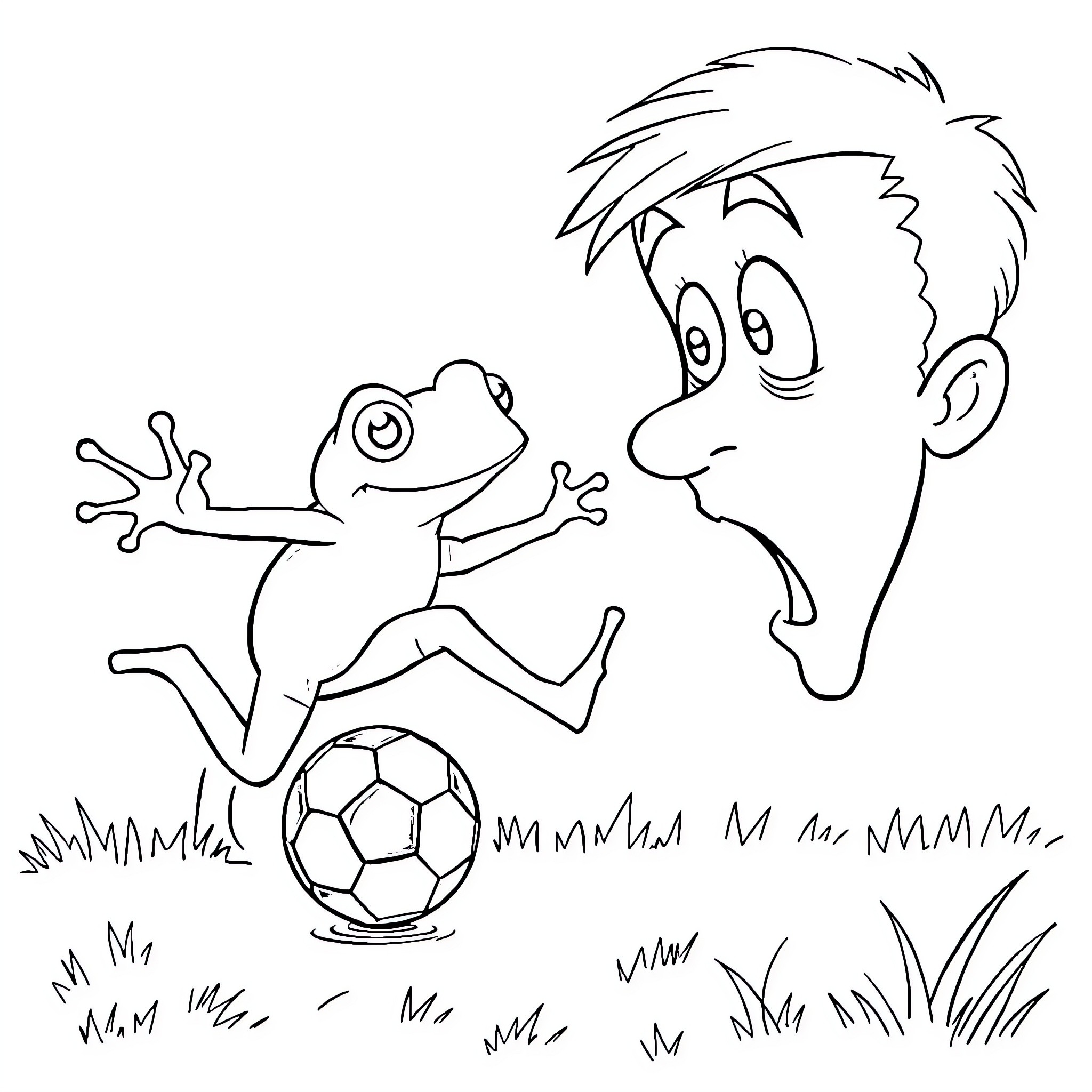 Frog playing soccer with a boy Coloring Page (free black-and-white line drawing printable PDF for all, from beginners to advanced learners, including children, teens, adults, and seniors)