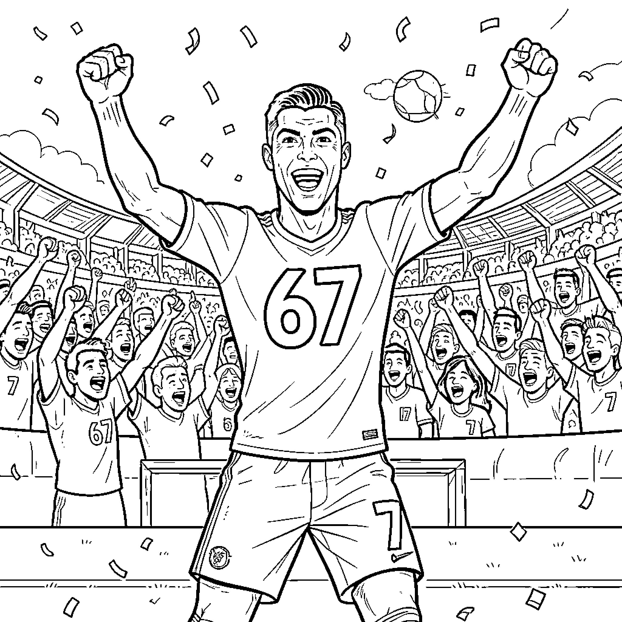 Ronaldo celebrating a victory with arms raised in stadium Coloring Page (free black-and-white line drawing printable PDF for all, from beginners to advanced learners, including children, teens, adults, and seniors)