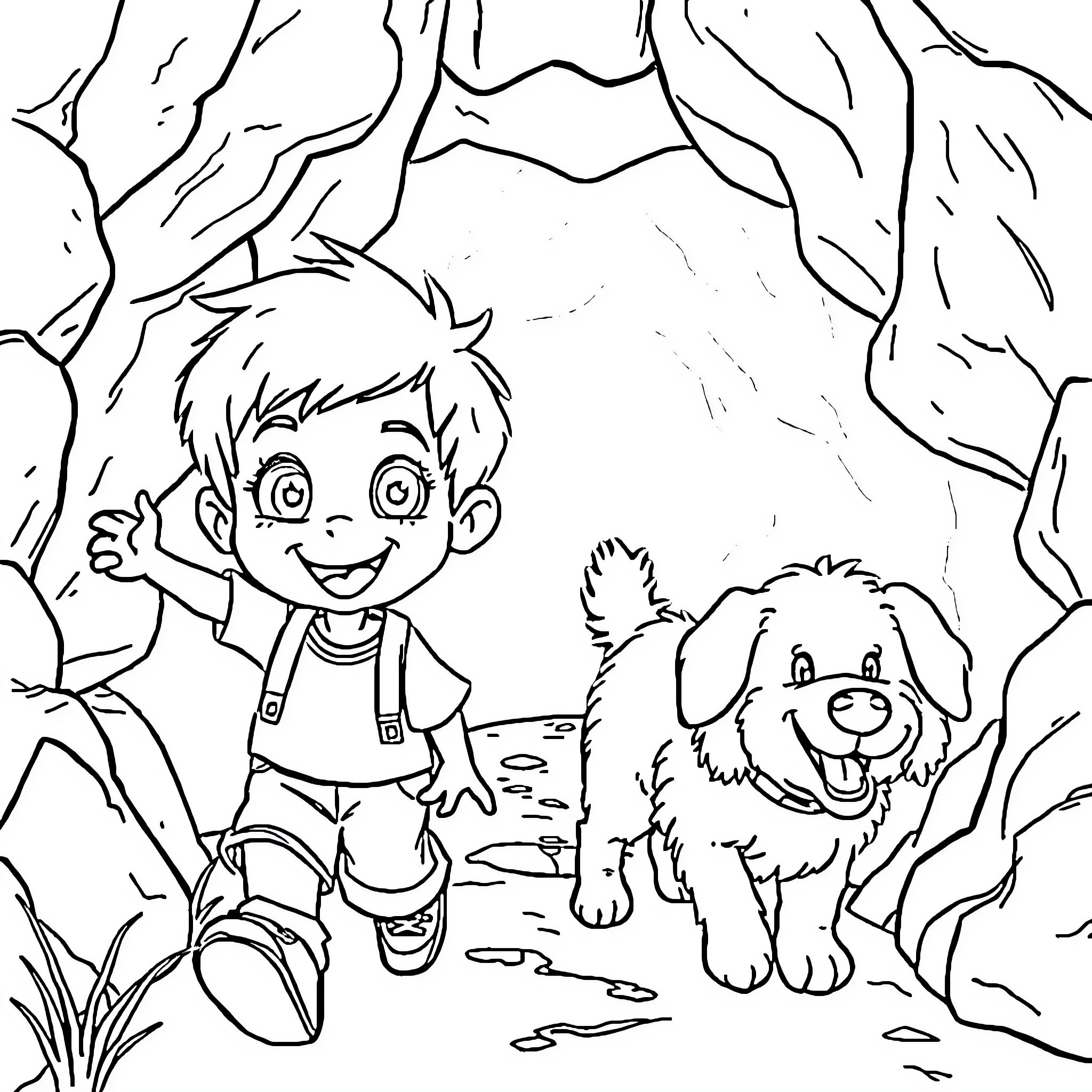Dog and Boy Exploring the Outdoors Coloring Page (free black-and-white line drawing printable PDF for all, from beginners to advanced learners, including children, teens, adults, and seniors)