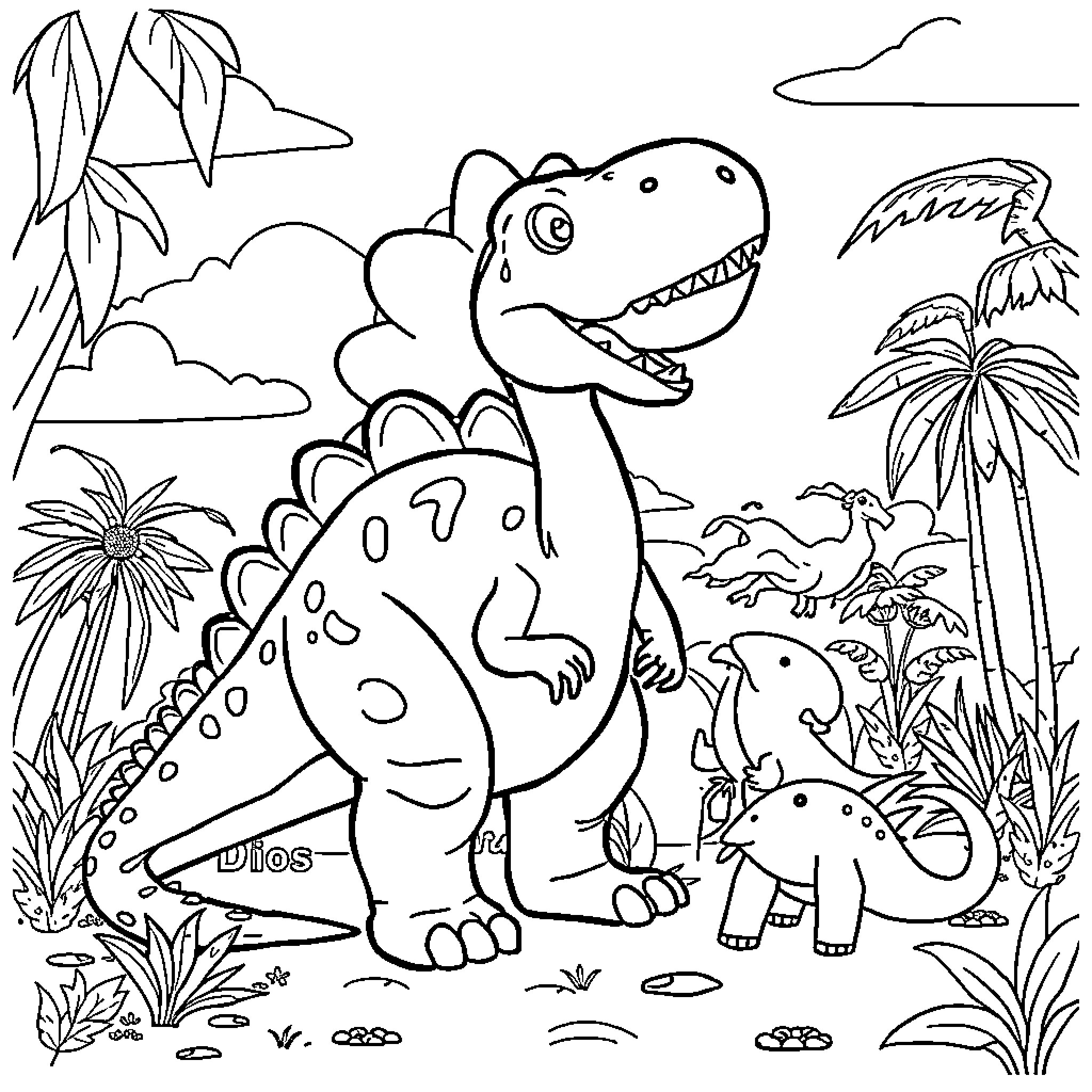 Gigantosaurus playing with baby dinosaurs in jungle landscape Coloring Page (free black-and-white line drawing printable PDF for all, from beginners to advanced learners, including children, teens, adults, and seniors)