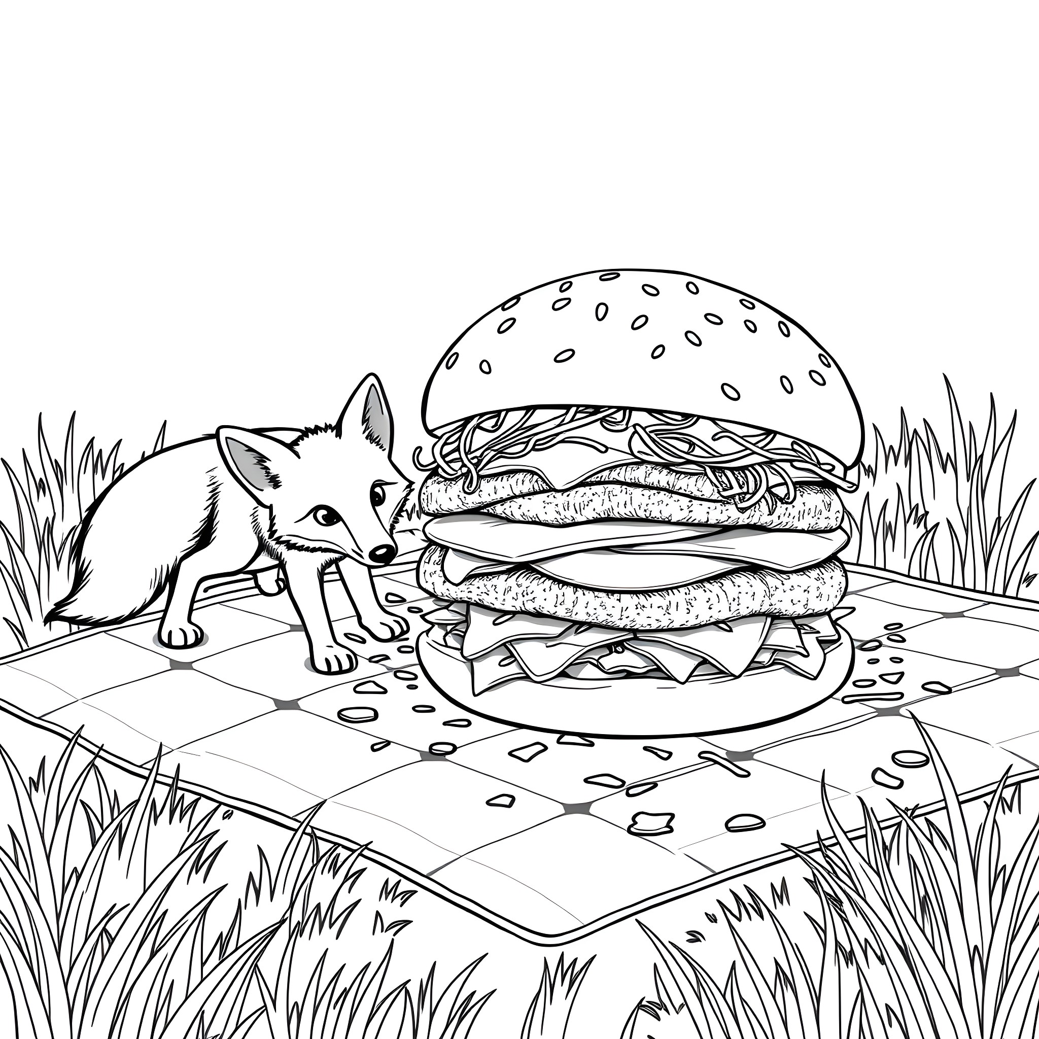 Fox examining a giant hamburger in the park Coloring Page (free black-and-white line drawing printable PDF for all, from beginners to advanced learners, including children, teens, adults, and seniors)