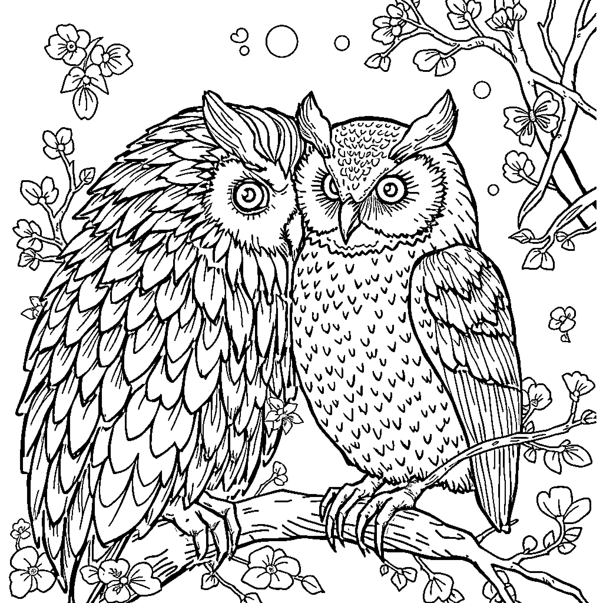 Beaver's Wise Owl in Floral Woodland Coloring Page (free black-and-white line drawing printable PDF for all, from beginners to advanced learners, including children, teens, adults, and seniors)