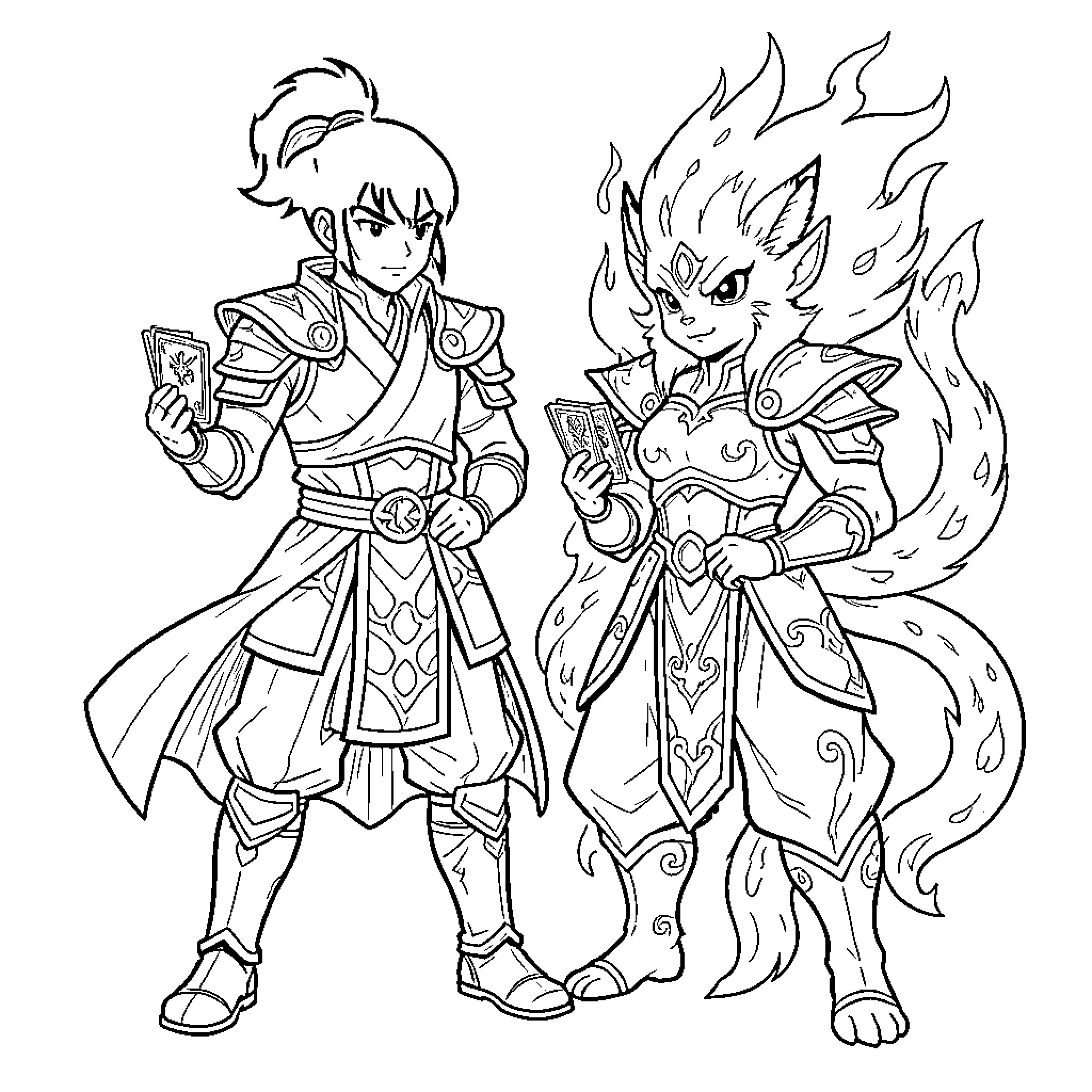 Yu-Gi-Oh characters holding cards in warrior outfits Coloring Page (free black-and-white line drawing printable PDF for all, from beginners to advanced learners, including children, teens, adults, and seniors)