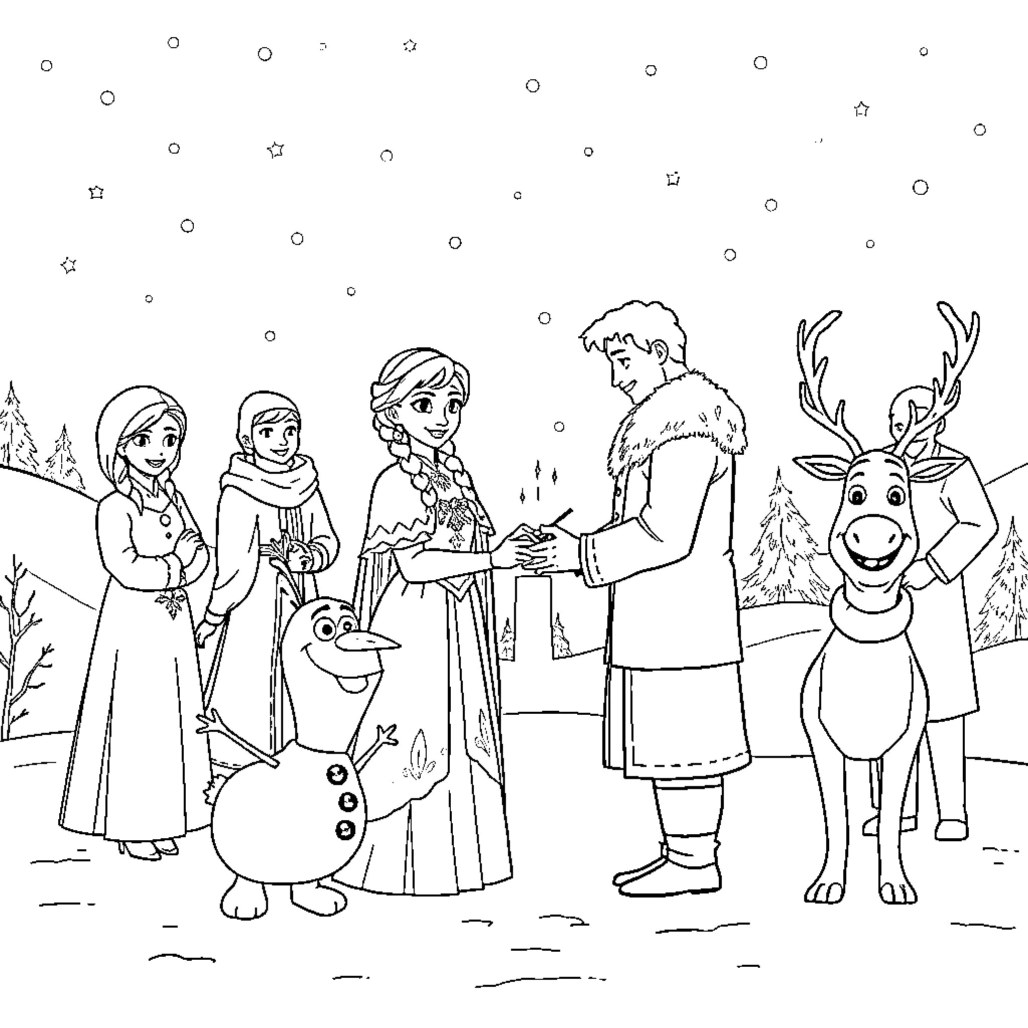 Anna and her friends explore the winter wonderland Coloring Page (free black-and-white line drawing printable PDF for all, from beginners to advanced learners, including children, teens, adults, and seniors)