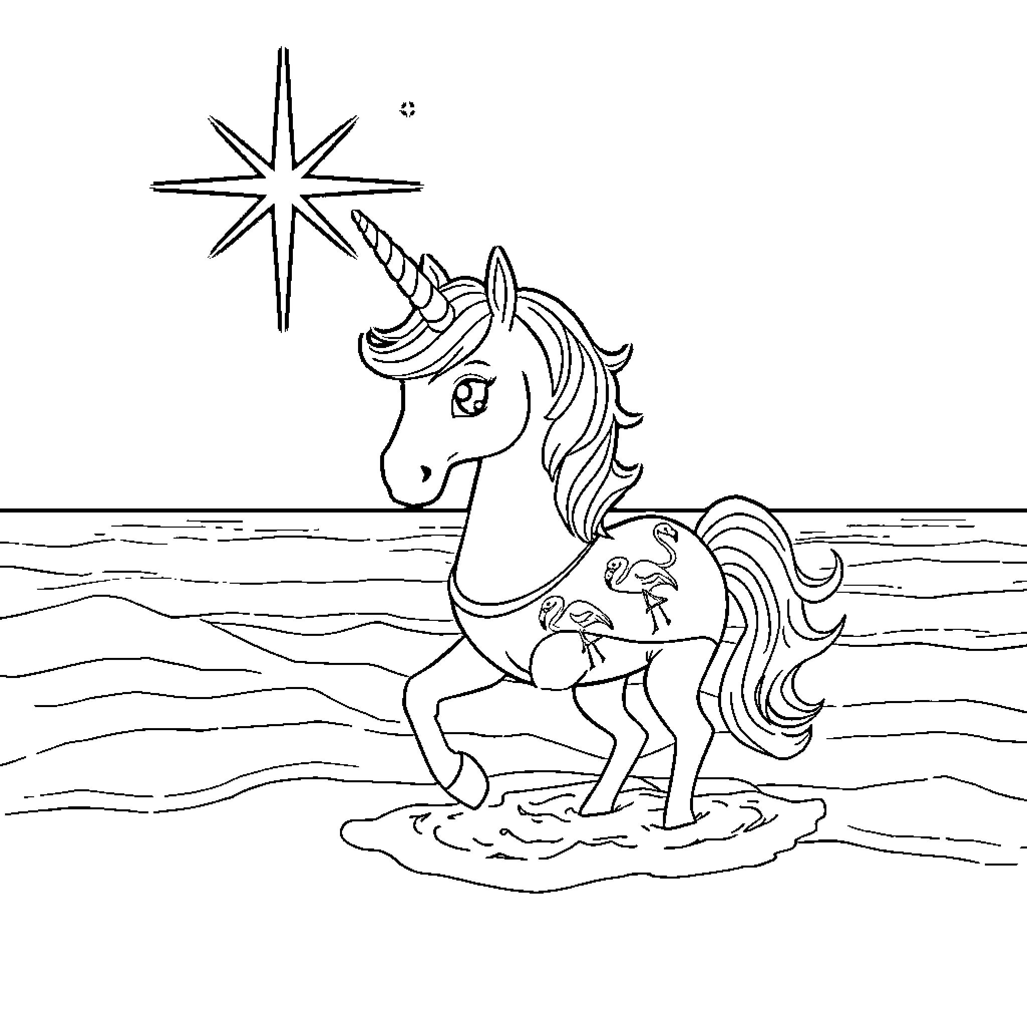 Unicorn standing in the ocean under a shining star Coloring Page (free black-and-white line drawing printable PDF for all, from beginners to advanced learners, including children, teens, adults, and seniors)