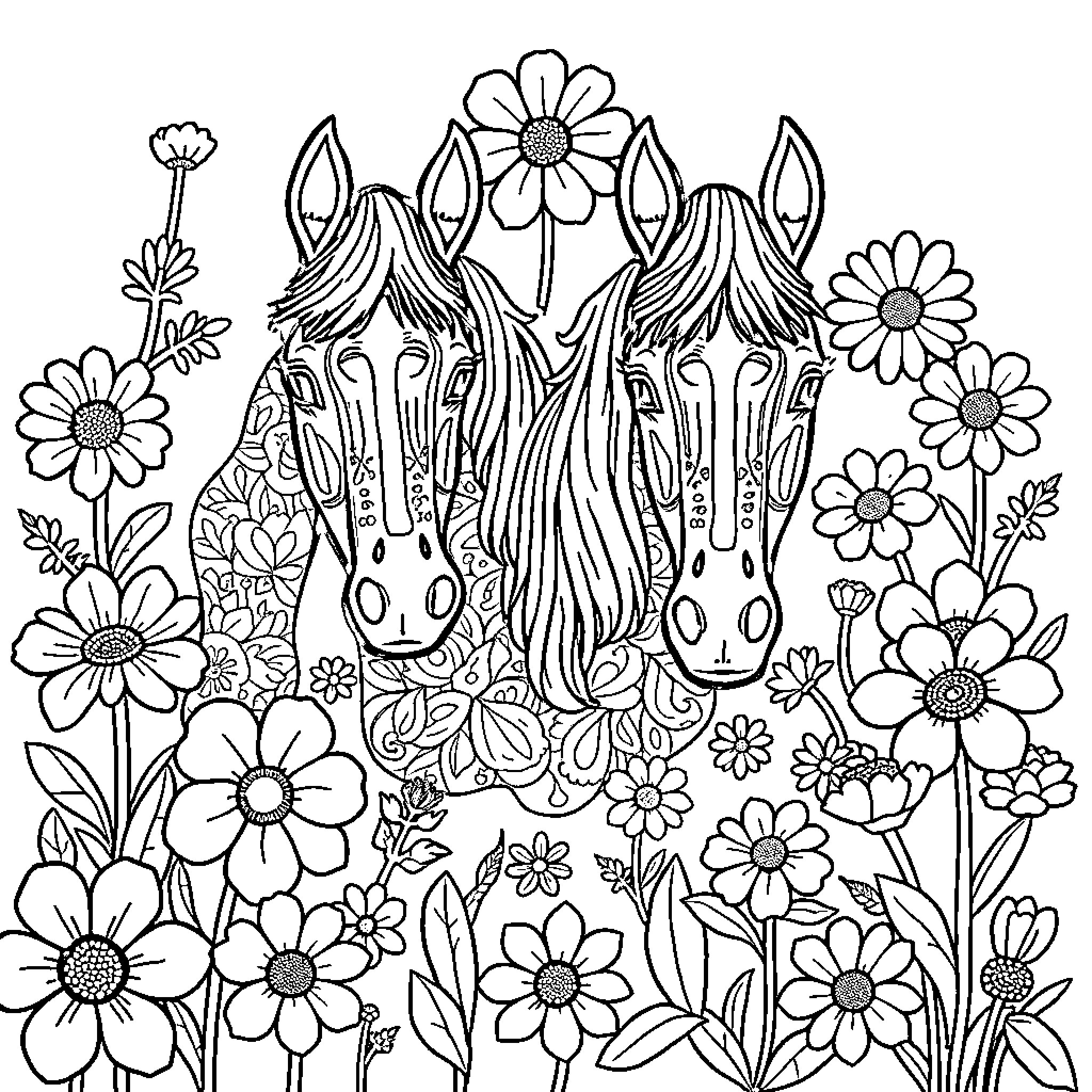 Horse Whimsical Floral Scene with Playful Creatures Coloring Page (free black-and-white line drawing printable PDF for all, from beginners to advanced learners, including children, teens, adults, and seniors)