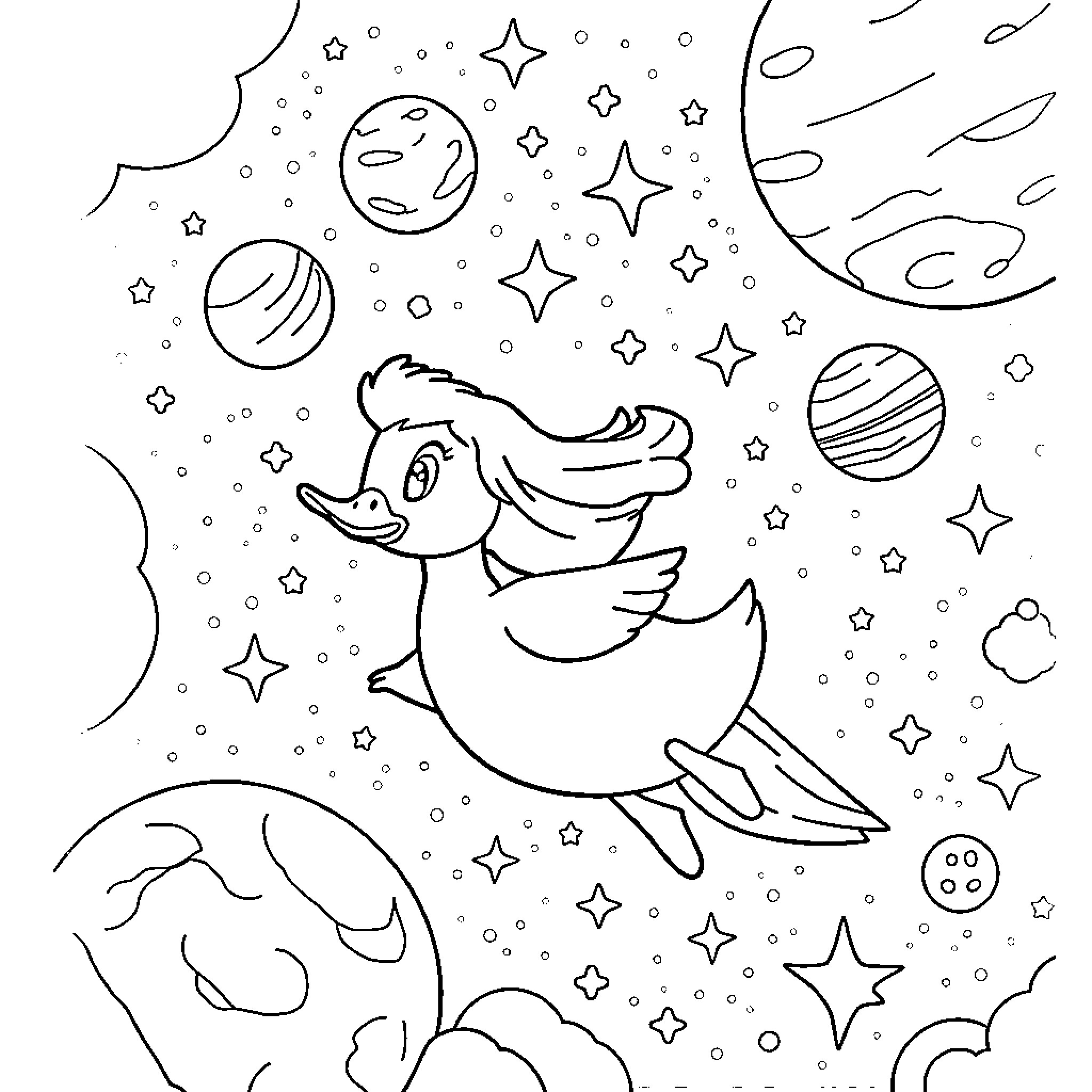 Sarah and Duck exploring the cosmic wonders Coloring Page (free black-and-white line drawing printable PDF for all, from beginners to advanced learners, including children, teens, adults, and seniors)