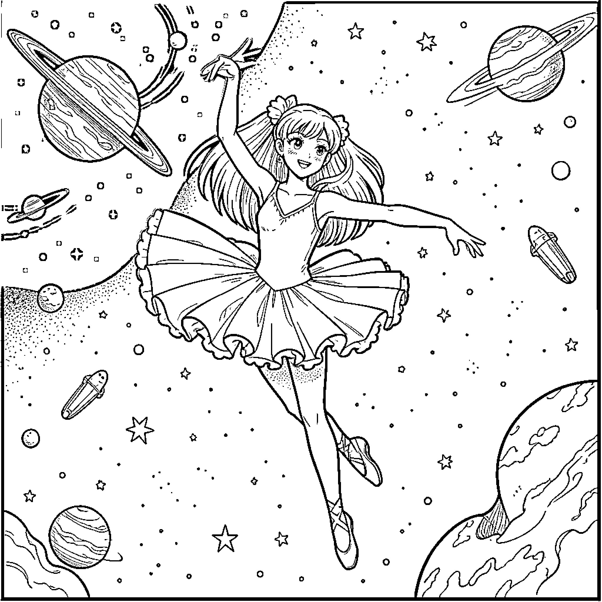 Dancer performing gracefully amidst planets and stars Coloring Page (free black-and-white line drawing printable PDF for all, from beginners to advanced learners, including children, teens, adults, and seniors)