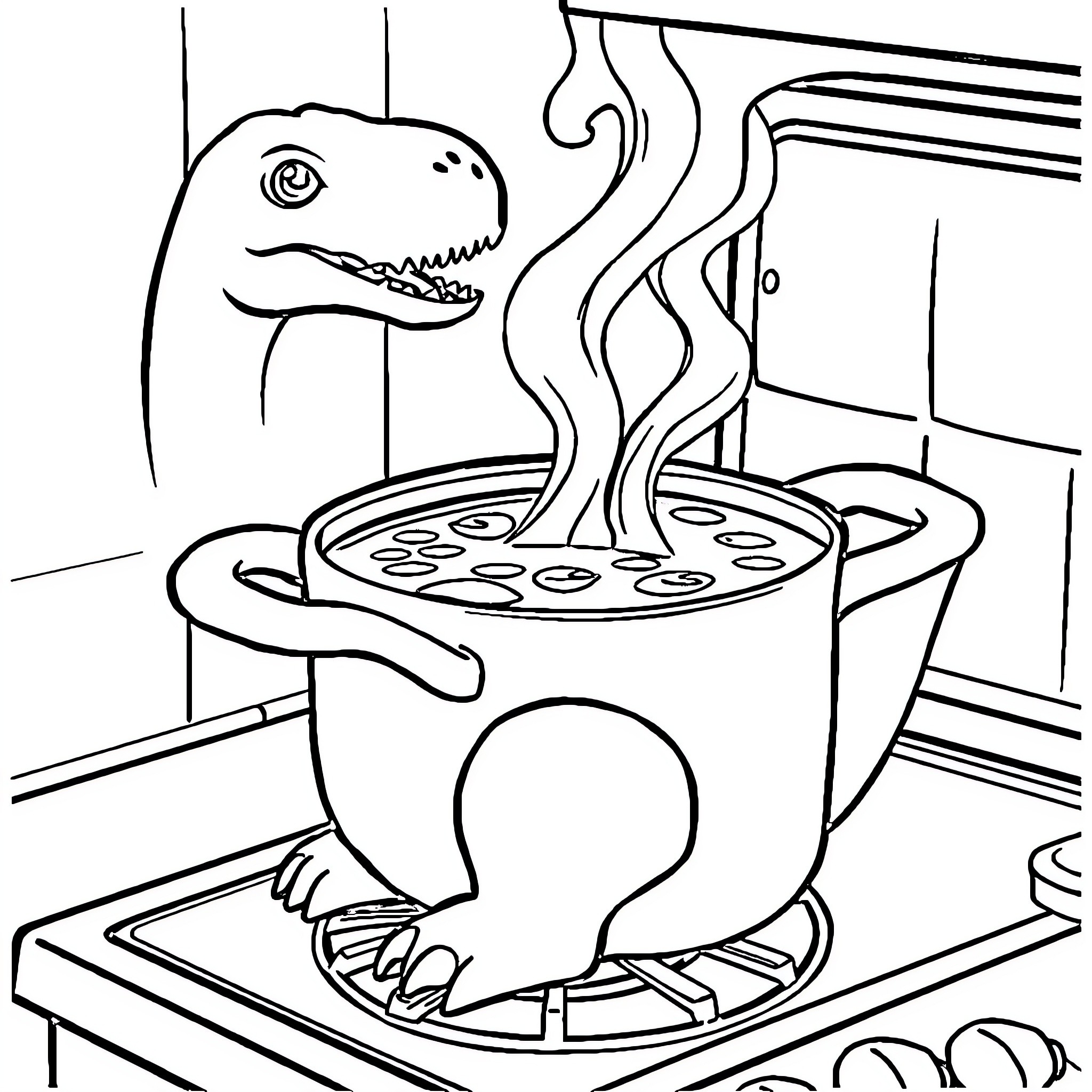 Dinosaur cooking a hot meal in the kitchen Coloring Page (free black-and-white line drawing printable PDF for all, from beginners to advanced learners, including children, teens, adults, and seniors)