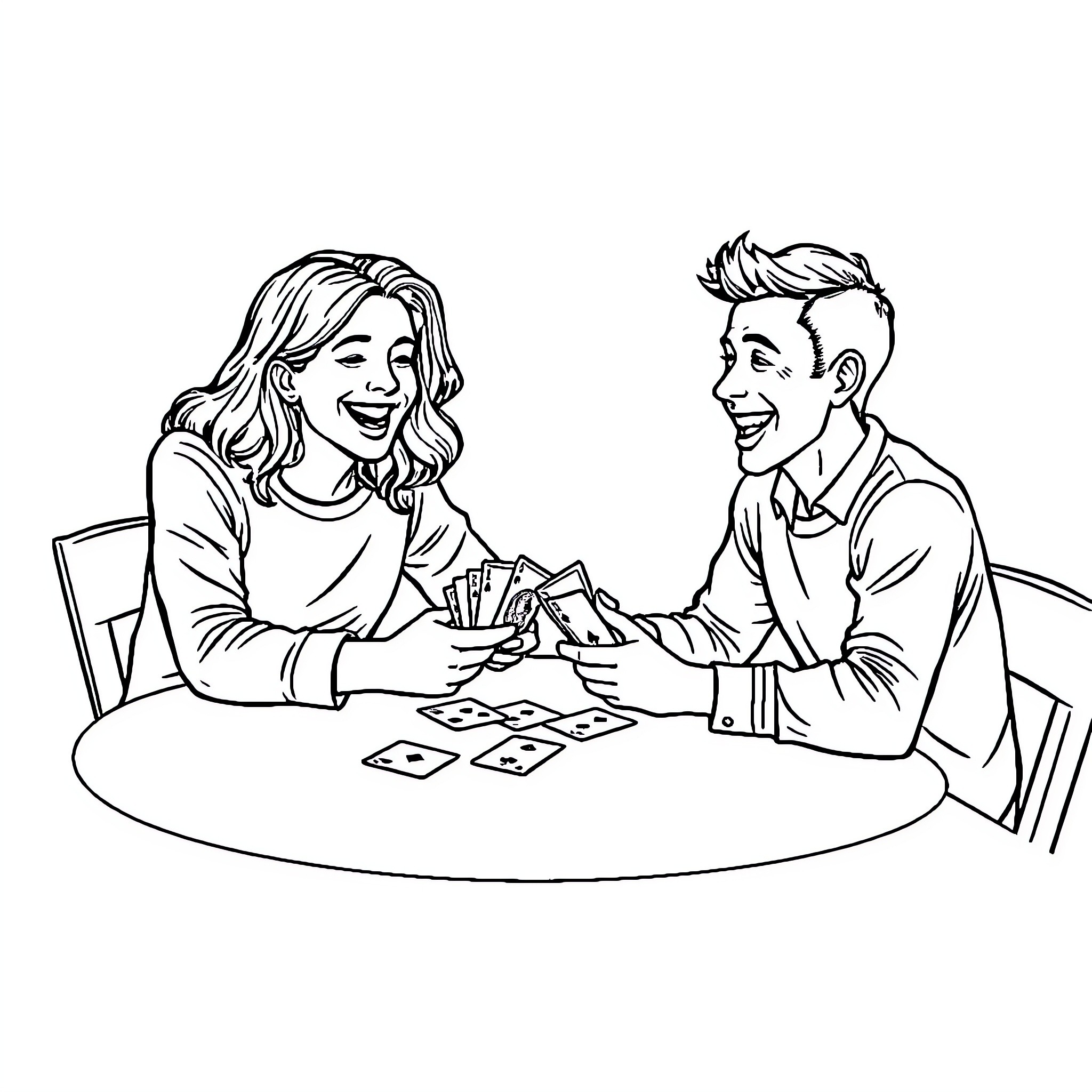 Person enjoying a card game with companion Coloring Page (free black-and-white line drawing printable PDF for all, from beginners to advanced learners, including children, teens, adults, and seniors)