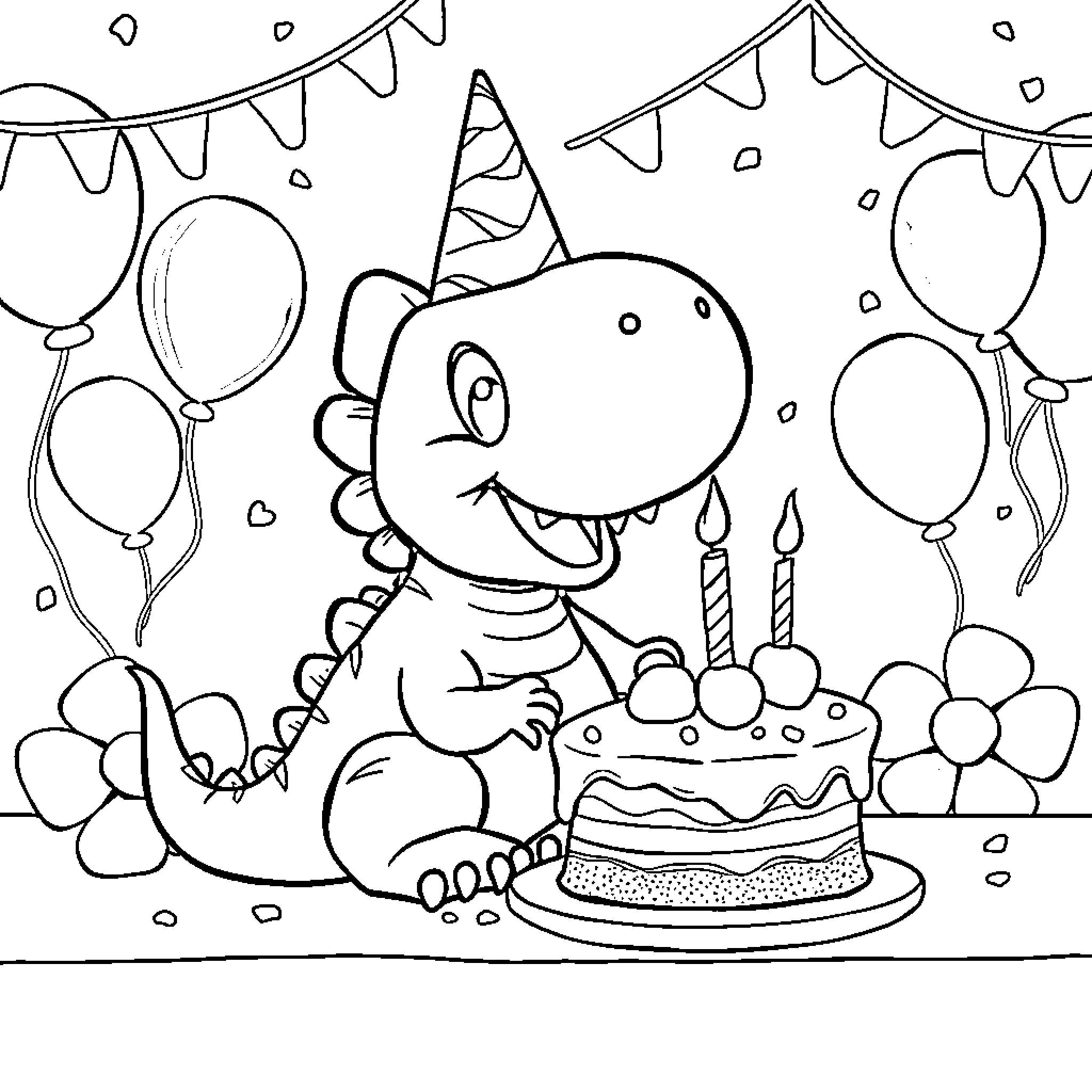 Dinosaur birthday party celebration with cake and balloons Coloring Page (free black-and-white line drawing printable PDF for all, from beginners to advanced learners, including children, teens, adults, and seniors)