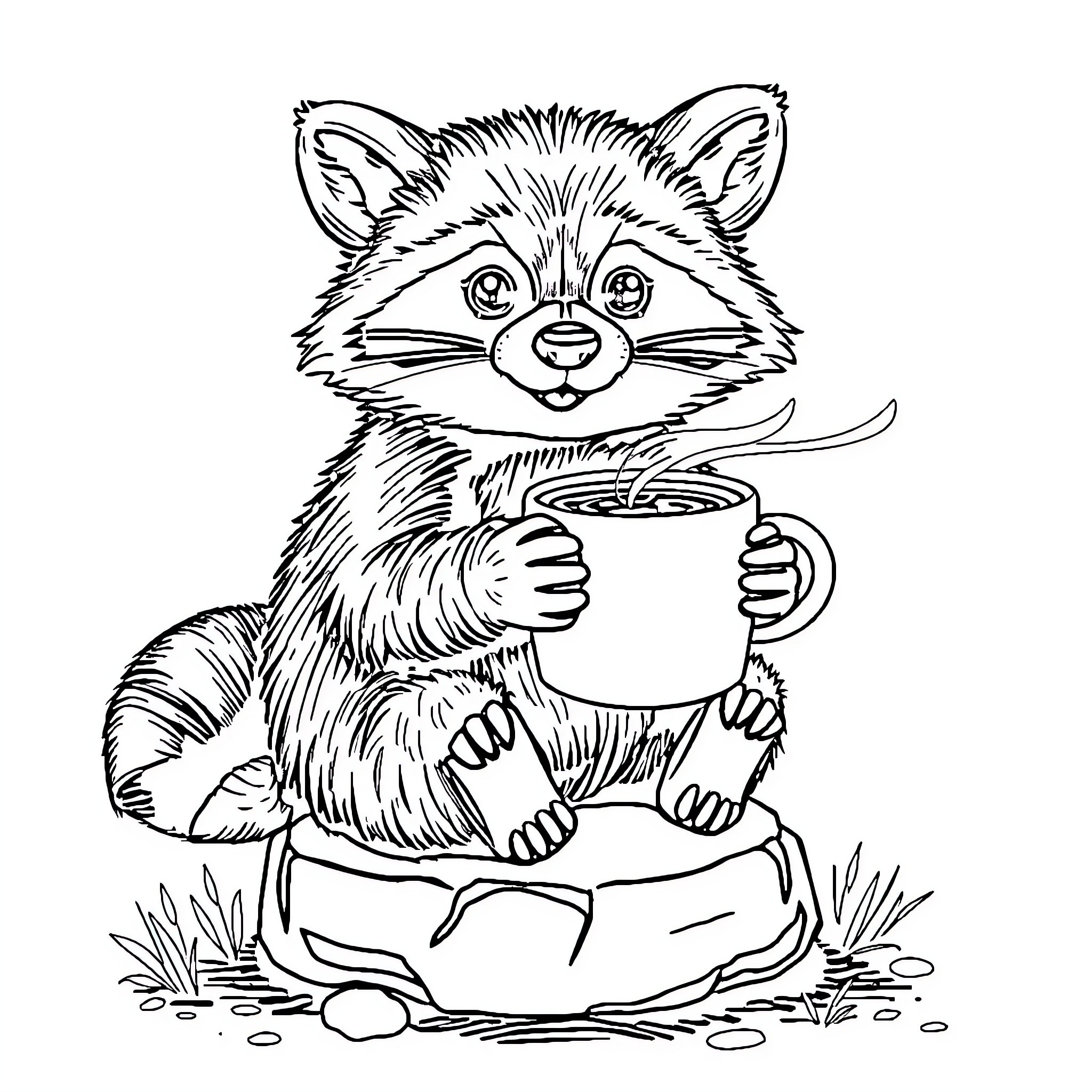 Raccoon enjoying a warm beverage in the woods Coloring Page (free black-and-white line drawing printable PDF for all, from beginners to advanced learners, including children, teens, adults, and seniors)