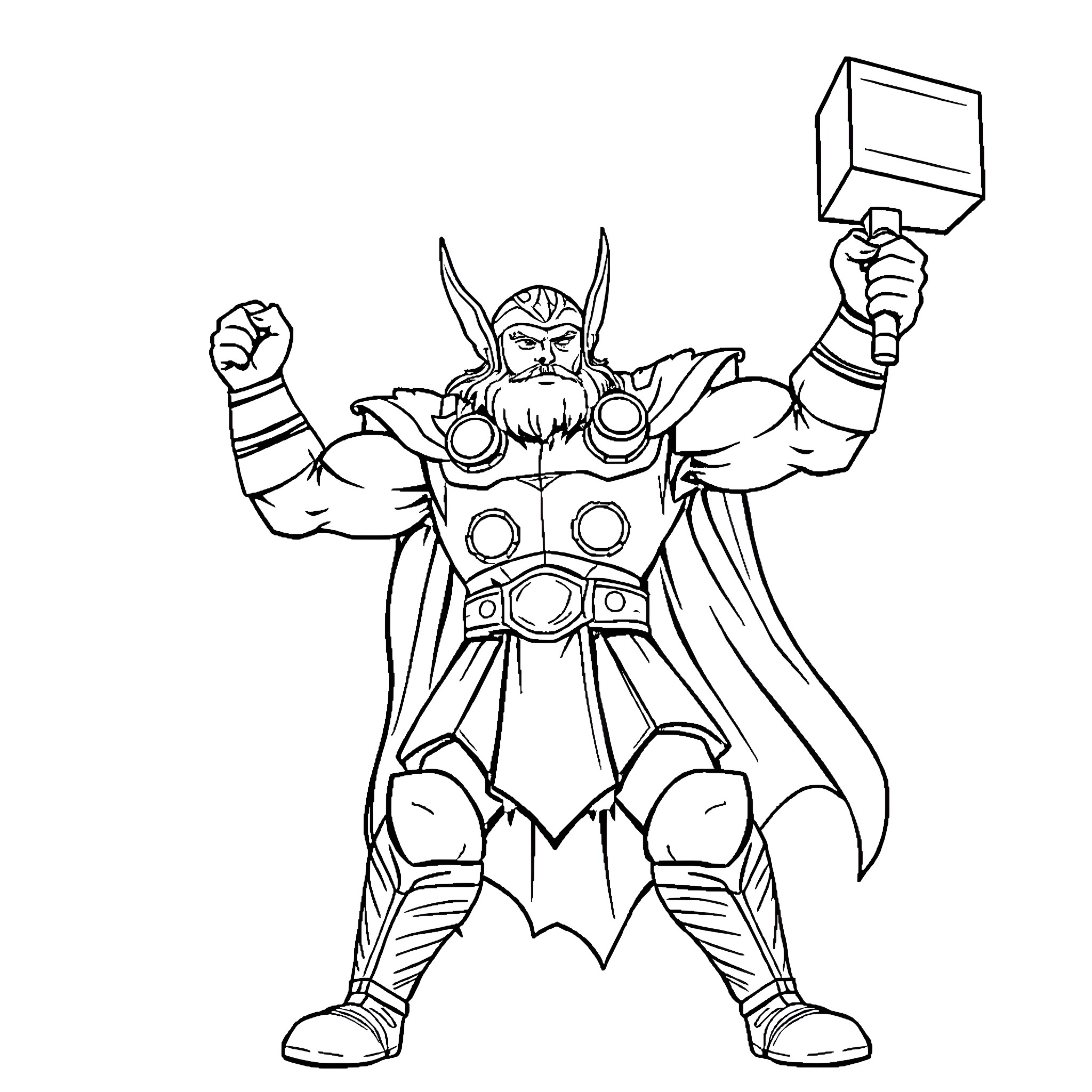 Thor wielding mighty hammer in heroic pose Coloring Page (free black-and-white line drawing printable PDF for all, from beginners to advanced learners, including children, teens, adults, and seniors)