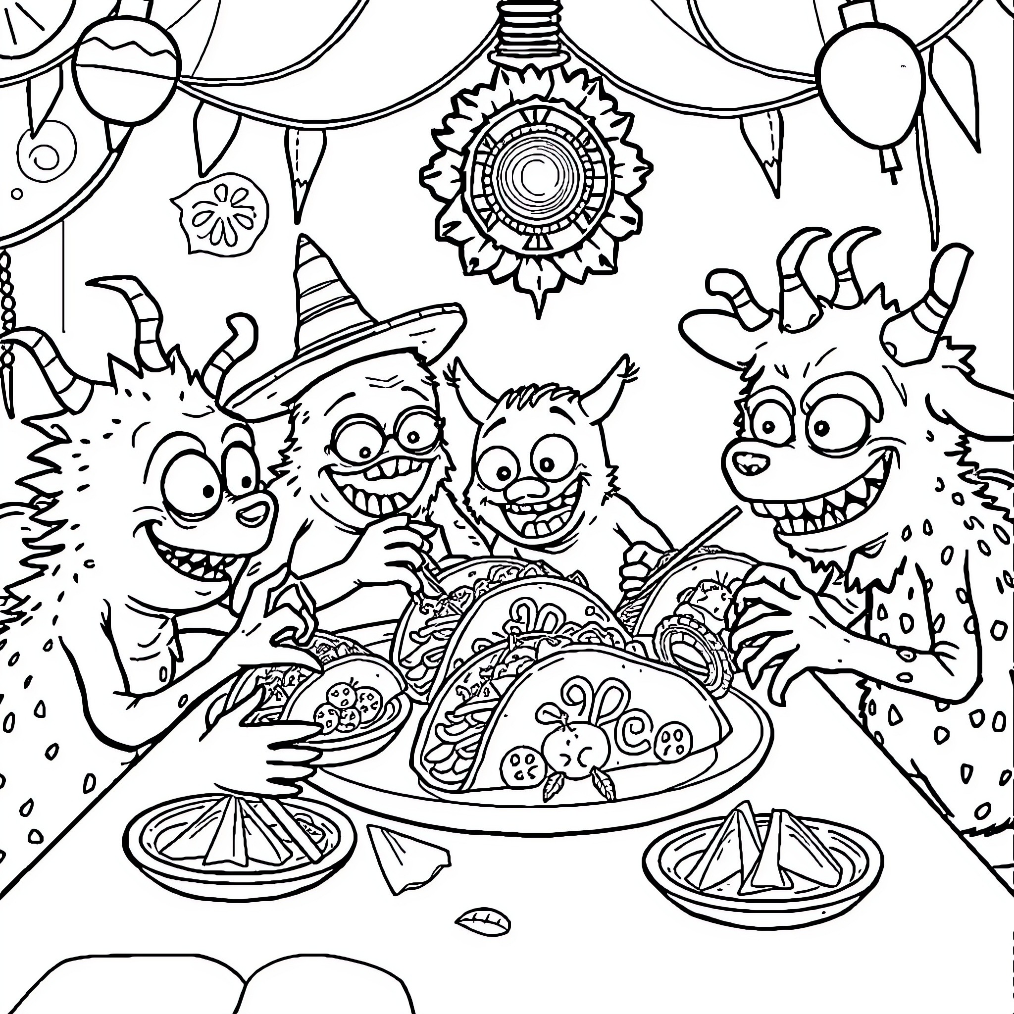 Monster Feast with Spooky Decorations and Funny Creatures Coloring Page (free black-and-white line drawing printable PDF for all, from beginners to advanced learners, including children, teens, adults, and seniors)