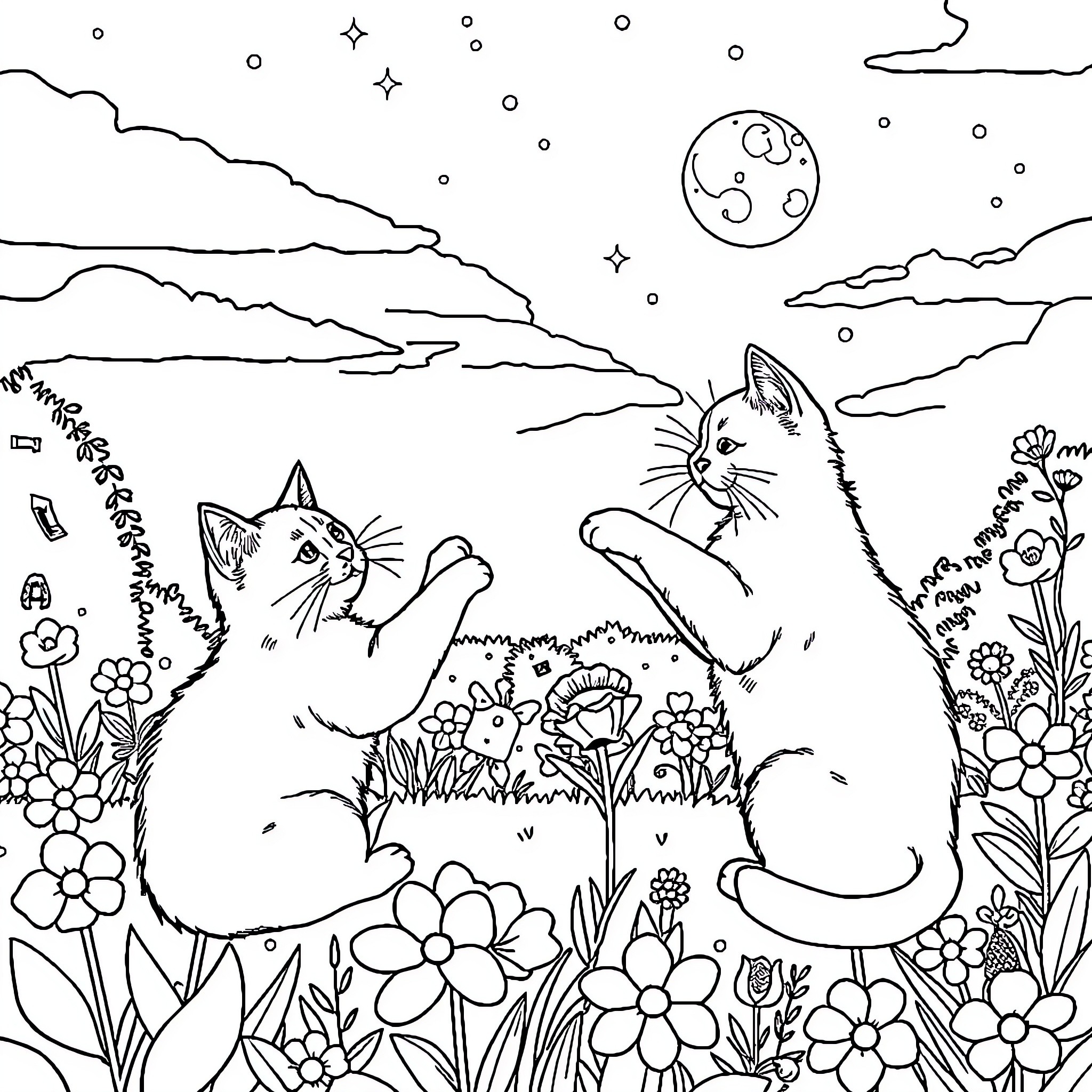 Cats exploring the magical night garden Coloring Page (free black-and-white line drawing printable PDF for all, from beginners to advanced learners, including children, teens, adults, and seniors)