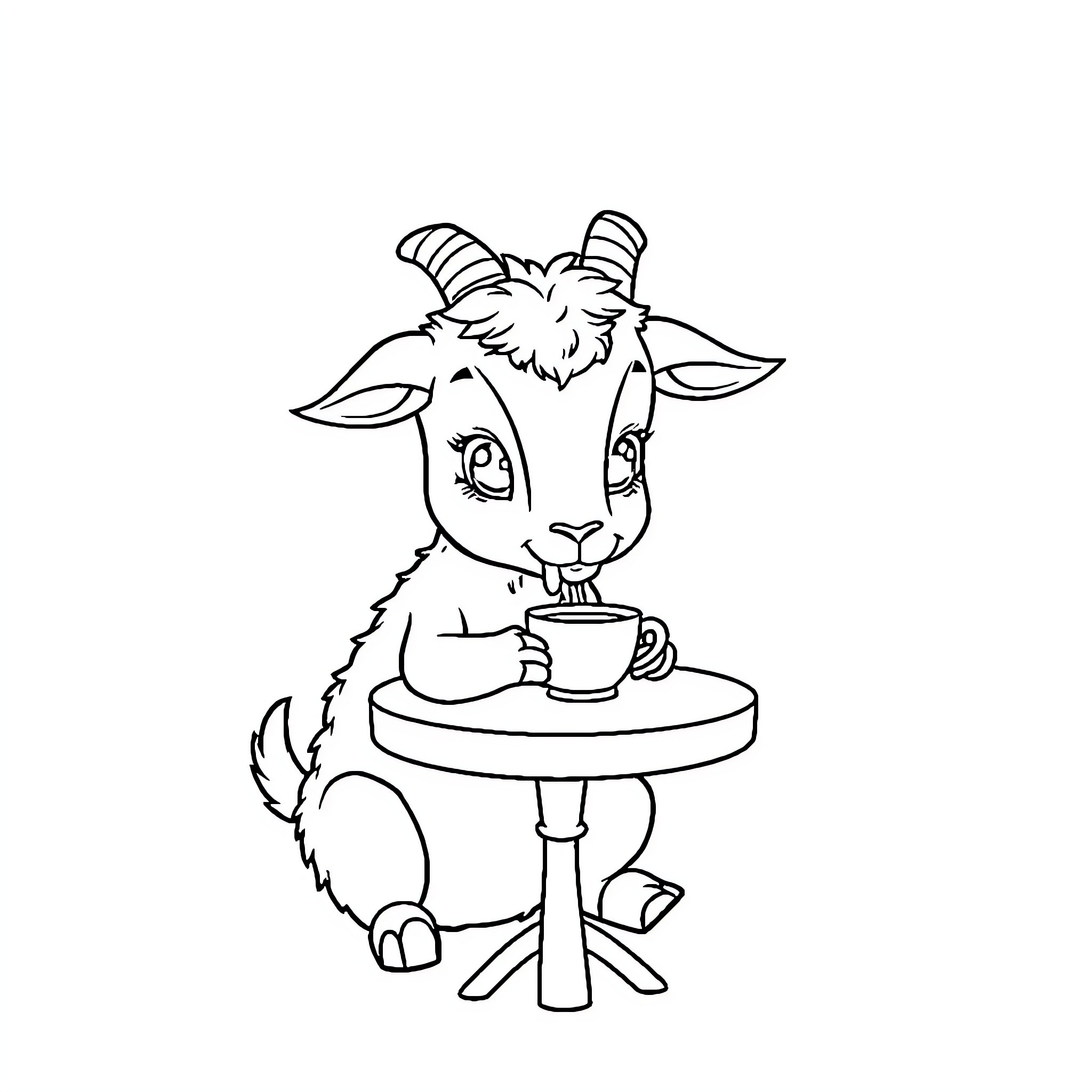 Goat enjoying a cup of coffee Coloring Page (free black-and-white line drawing printable PDF for all, from beginners to advanced learners, including children, teens, adults, and seniors)