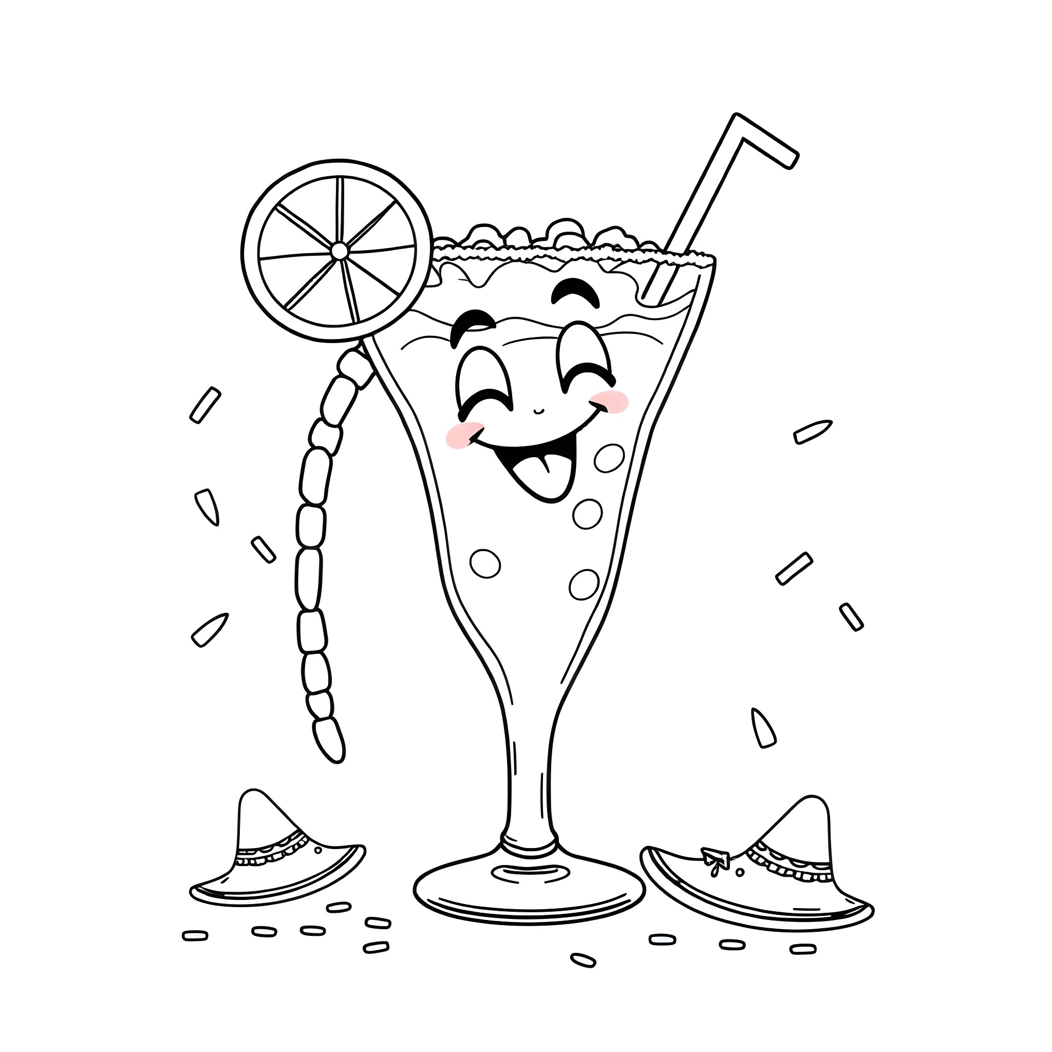 Taco cocktail with happy expression Coloring Page (free black-and-white line drawing printable PDF for all, from beginners to advanced learners, including children, teens, adults, and seniors)