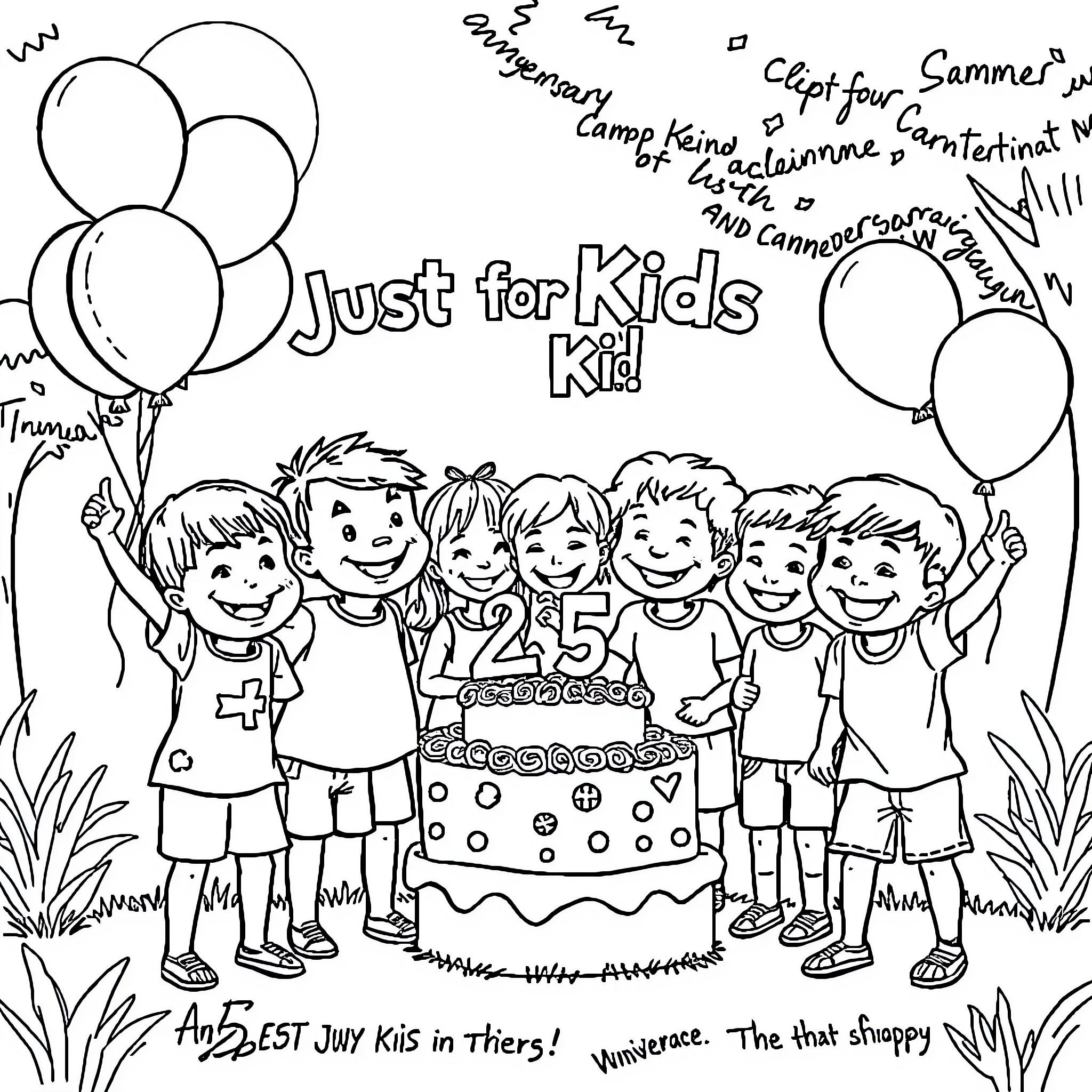 Kids enjoying a party with balloons and cake Coloring Page (free black-and-white line drawing printable PDF for all, from beginners to advanced learners, including children, teens, adults, and seniors)