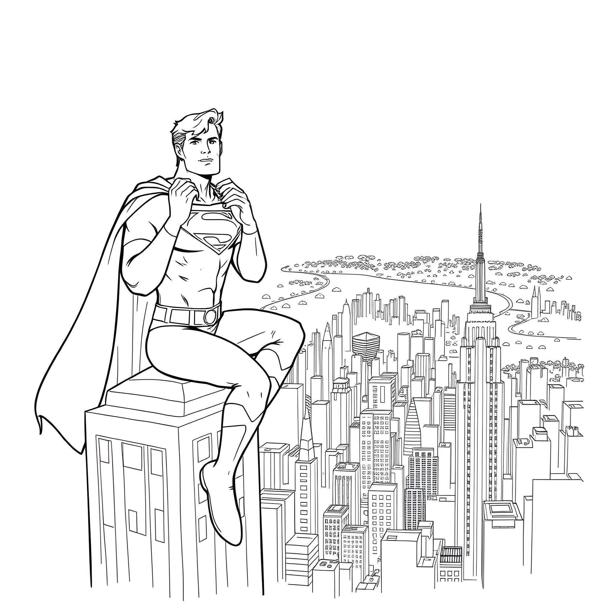 Superman overlooking the bustling city skyline Coloring Page (free black-and-white line drawing printable PDF for all, from beginners to advanced learners, including children, teens, adults, and seniors)