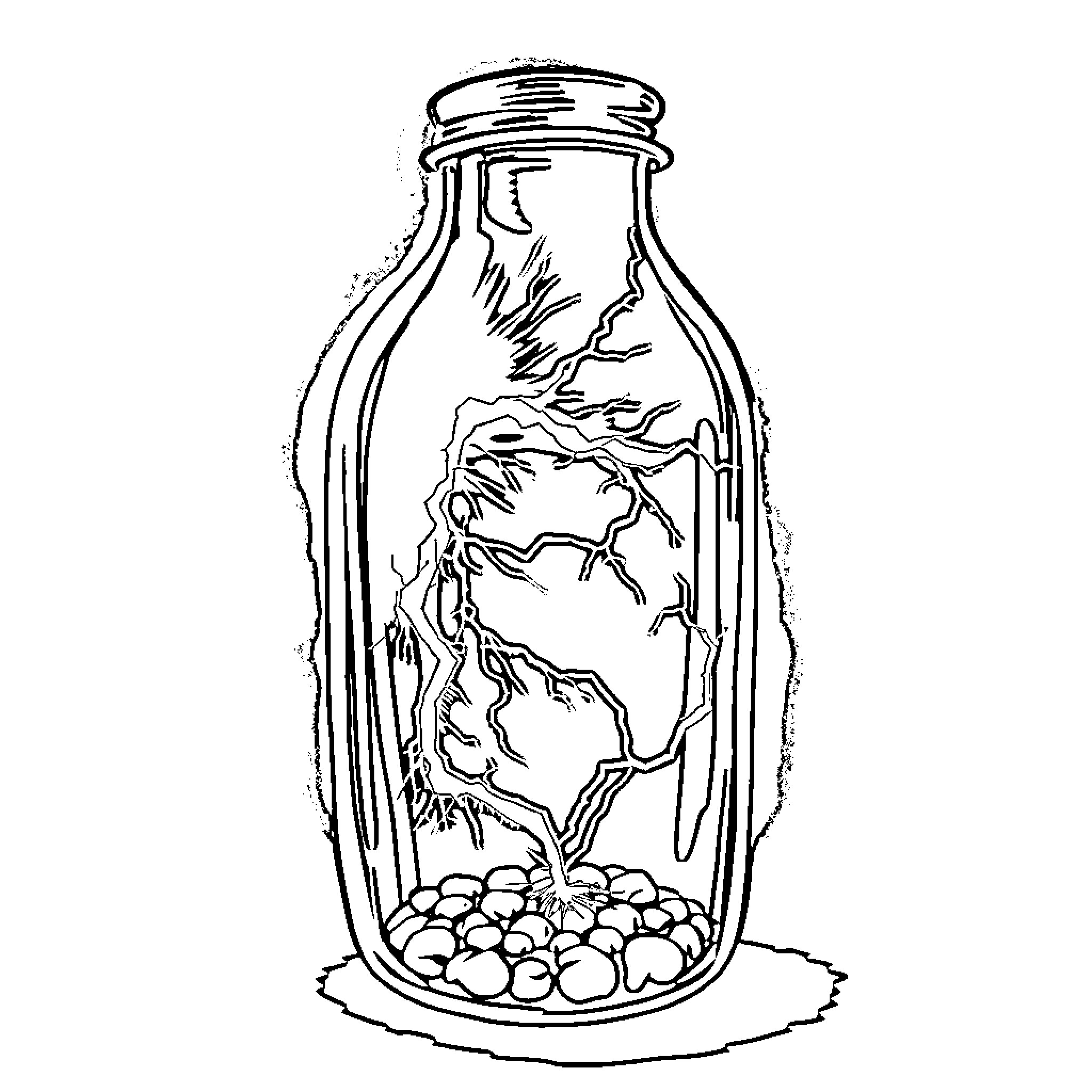 Lightning Strikes Glass Bottle with Trapped Tree Coloring Page (free black-and-white line drawing printable PDF for all, from beginners to advanced learners, including children, teens, adults, and seniors)