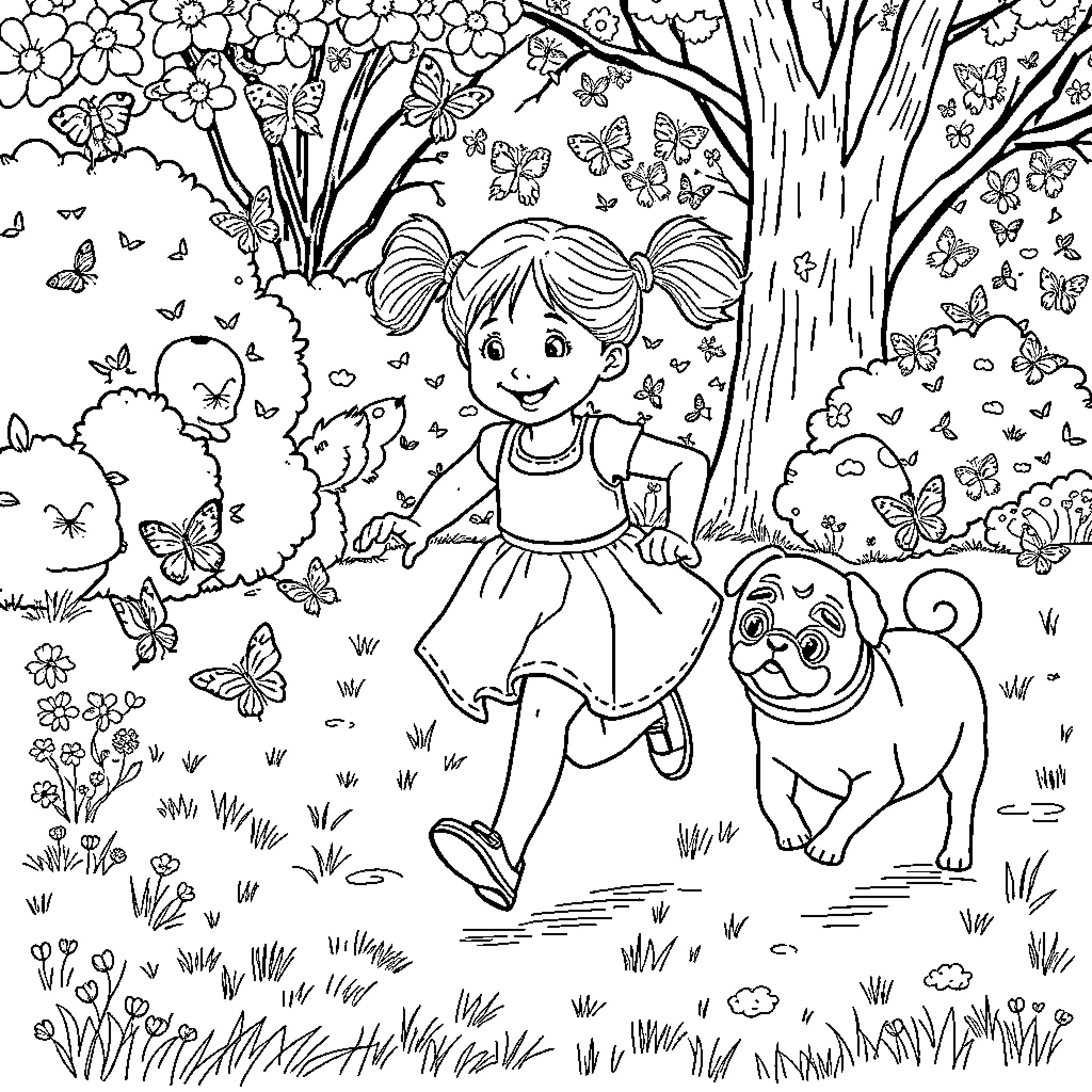 Girl playing joyfully with puppy in enchanting forest Coloring Page (free black-and-white line drawing printable PDF for all, from beginners to advanced learners, including children, teens, adults, and seniors)