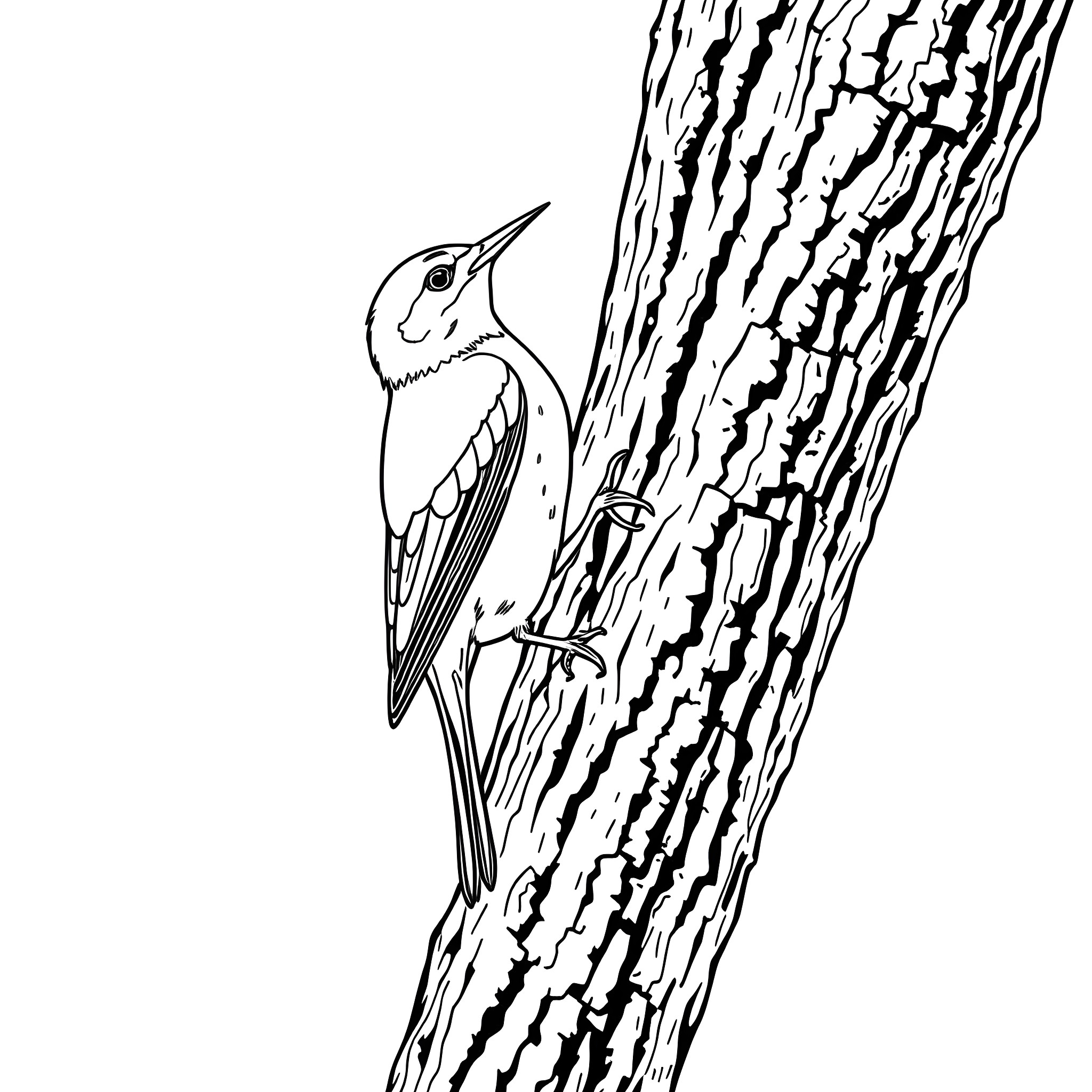 Honeycreeper perched on a textured tree trunk Coloring Page (free black-and-white line drawing printable PDF for all, from beginners to advanced learners, including children, teens, adults, and seniors)