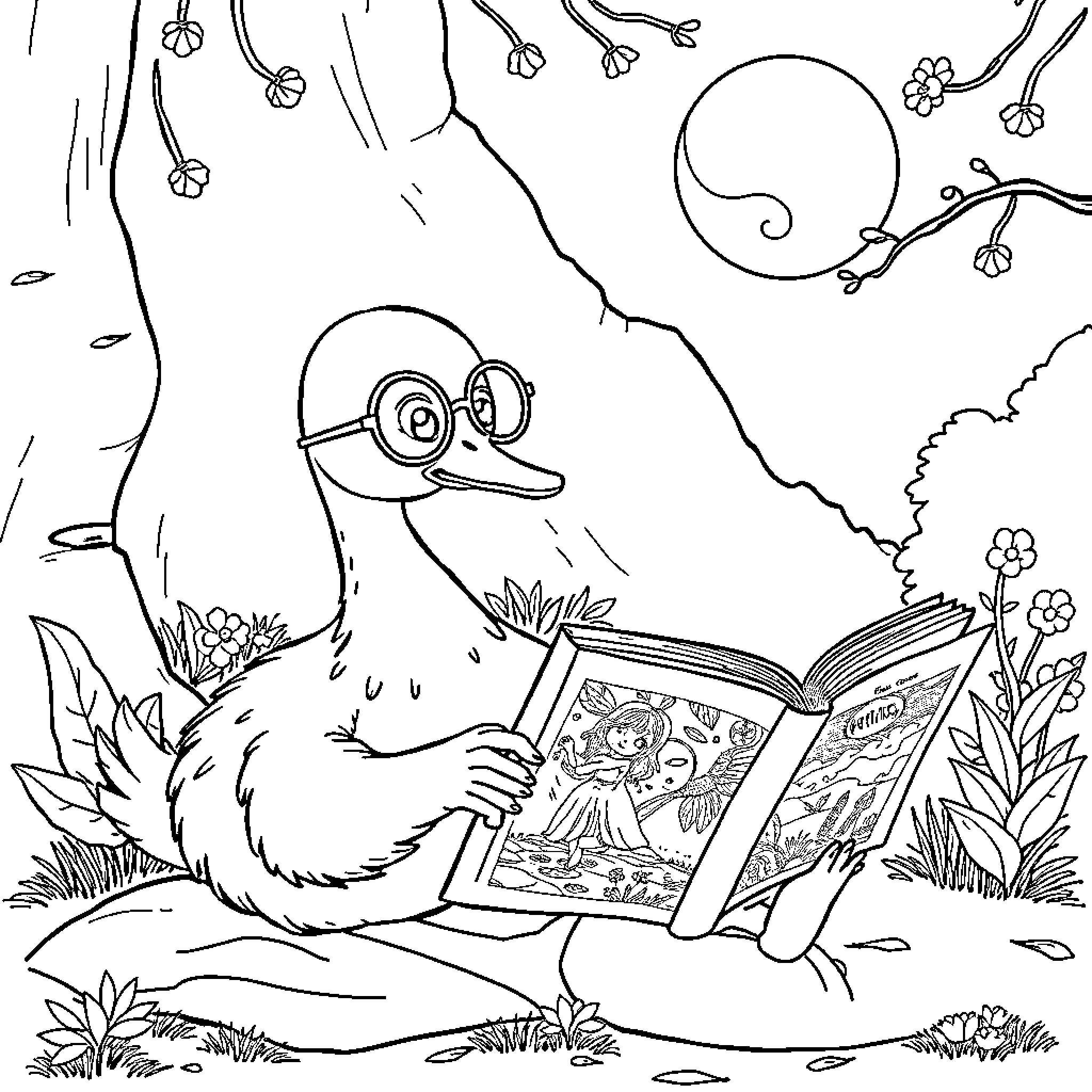 Goose reading book in nature Coloring Page (free black-and-white line drawing printable PDF for all, from beginners to advanced learners, including children, teens, adults, and seniors)